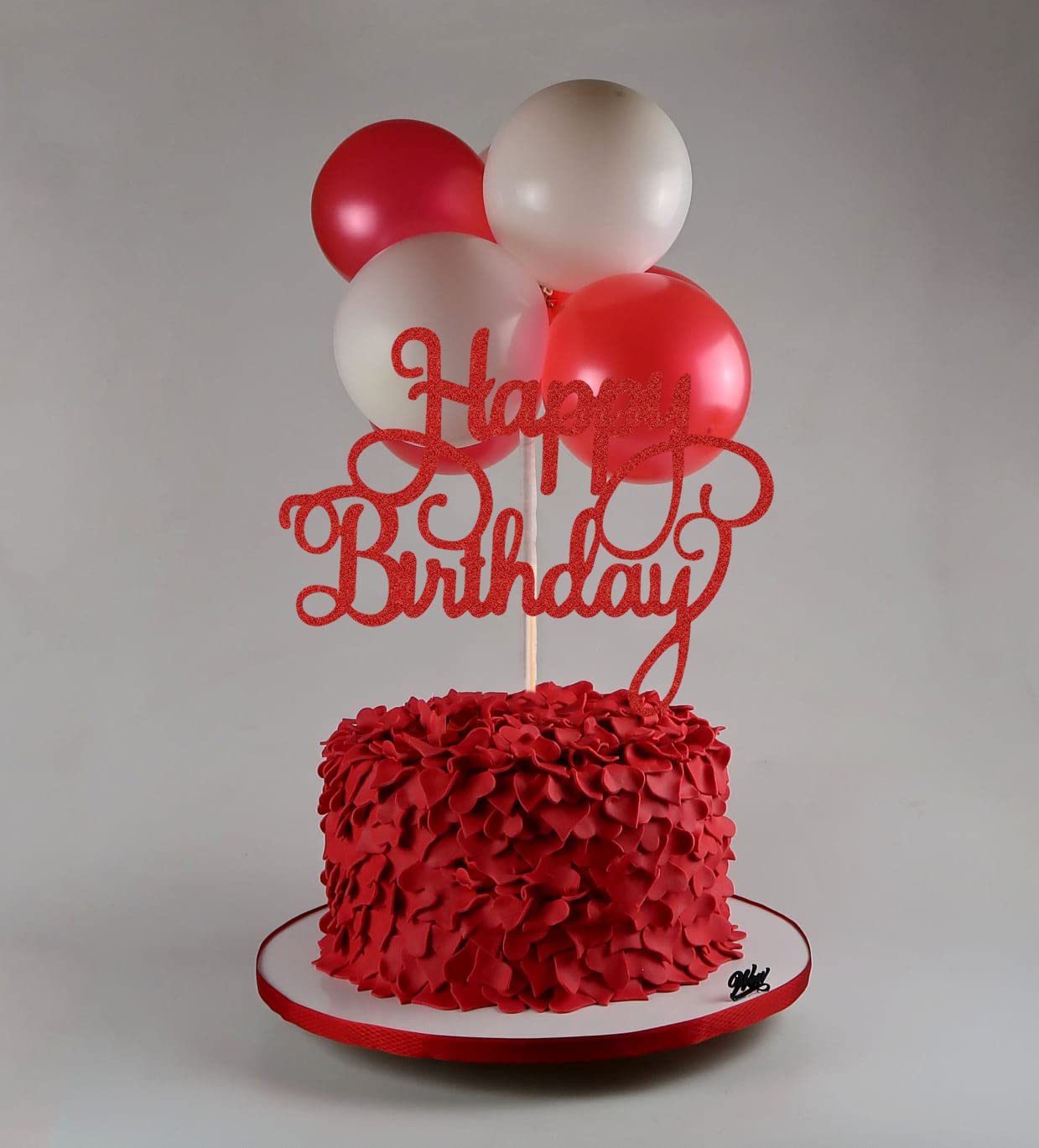 Red Glitter Happy Birthday Cake Topper & Bunting Decor - Anniversary Party Cake Decoration Supplies - Photo Booth Props for Birthday Cakes, Wedding Anniversaries & Special Celebrations