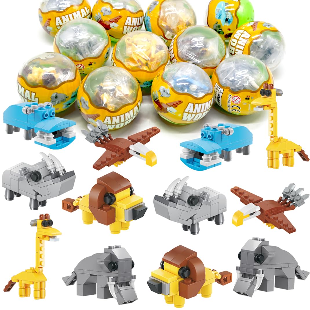 12Pcs Safari Animal Building Blocks Easter Eggs - Pre Filled Easter Basket Stuffers, Easter Party Favors & Classroom Prize Toys for Kids | Perfect for Easter Egg Hunts, Birthday Parties & STEM Learning Activities