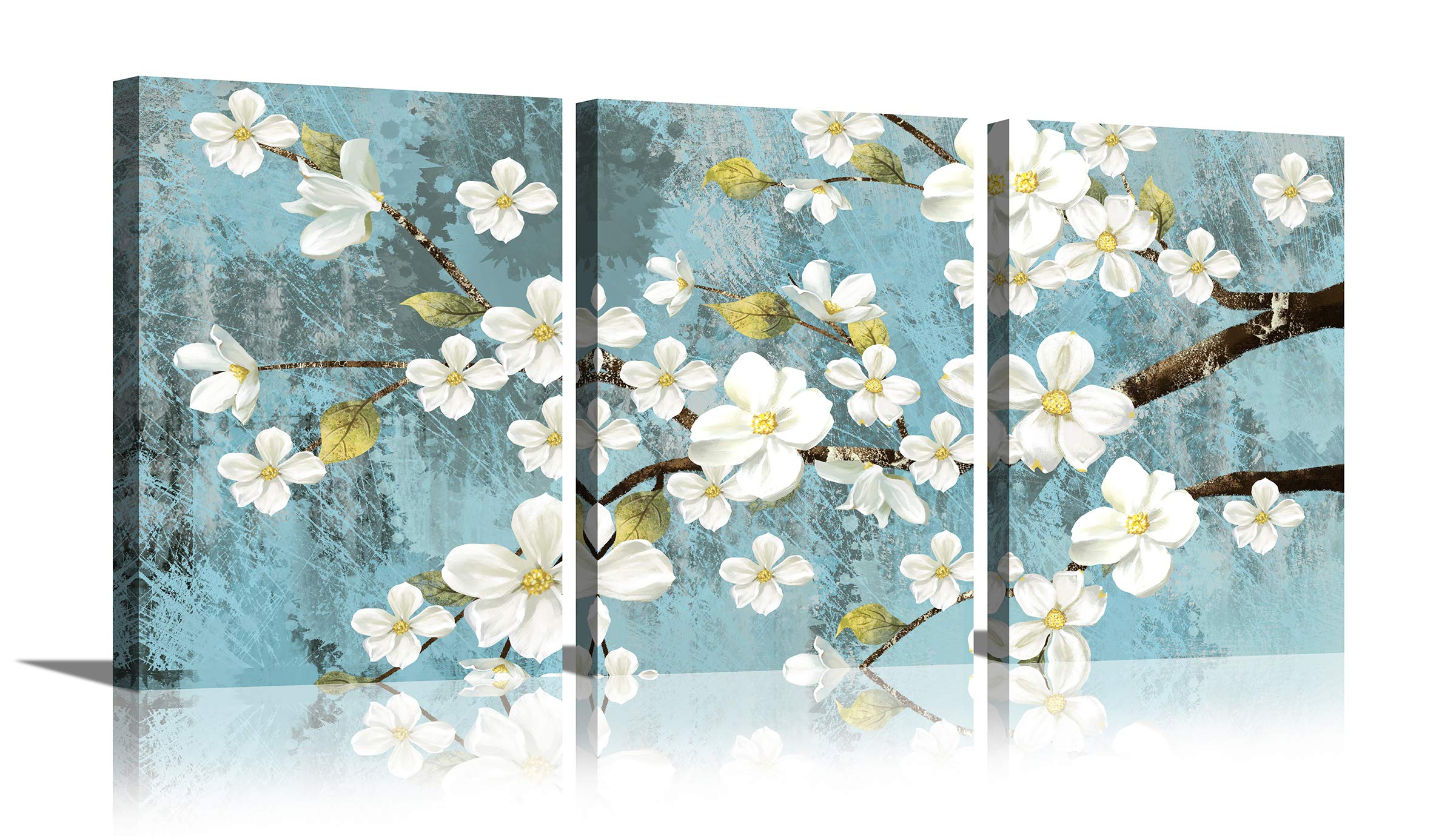 White Blossom Blue Abstract Canvas Wall Art - Modern Flower Painting for Living Room, Bedroom, Bathroom & Office Decor