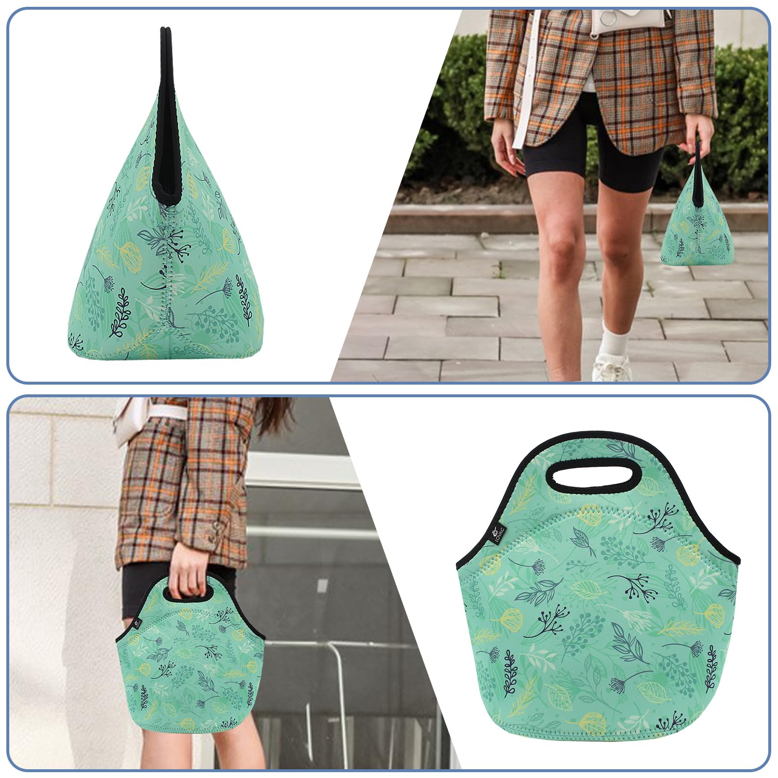 LOVAC Neoprene Lunch Bag - Thick Insulated & Waterproof Lunch Tote with Zipper for Work, School, Picnics & Outdoor Travel | Durable & Leakproof Food Container for Office, Hiking & Camping (Leaf Green)