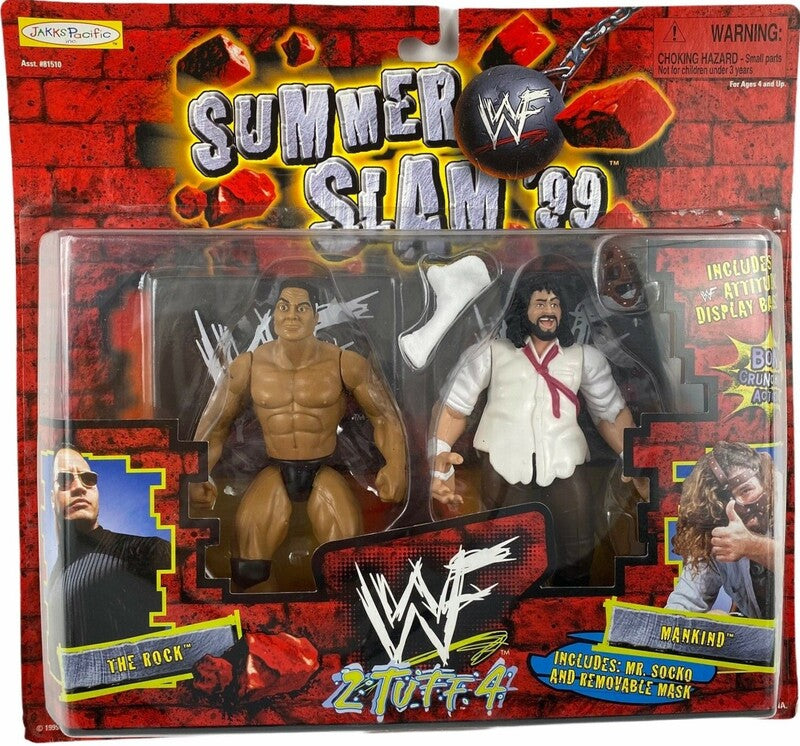 1999 WWF Jakks Pacific 2 Tuff 4 The Rock & Mankind Wrestling Action Figures - Vintage Collectible Toys for Wrestling Fans, Perfect for Display & Play Battles