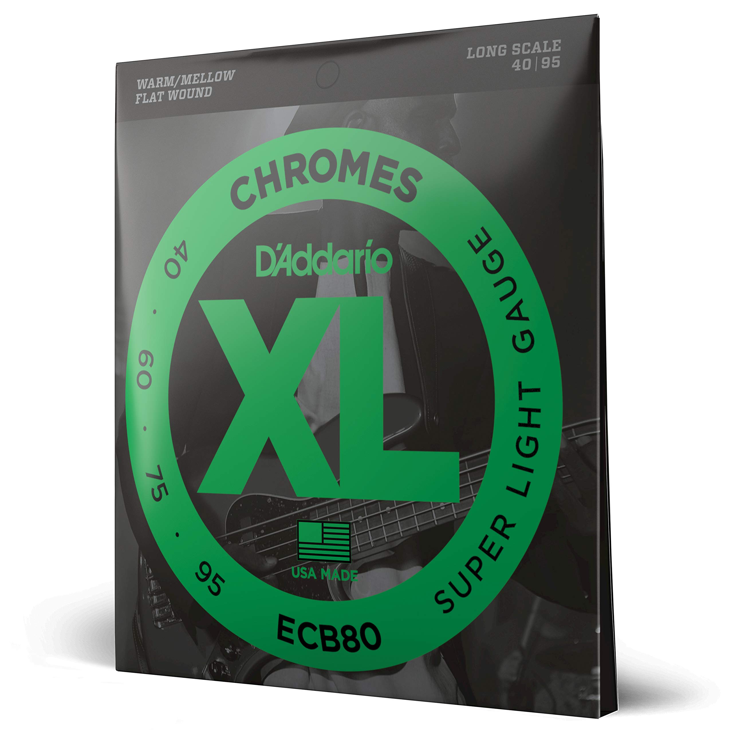 D'Addario XL Chromes Flat Wound Bass Guitar Strings - ECB80 - Long Scale - Super Light (40-95) | Smooth Jazz & Blues Tones for Professional Bass Players