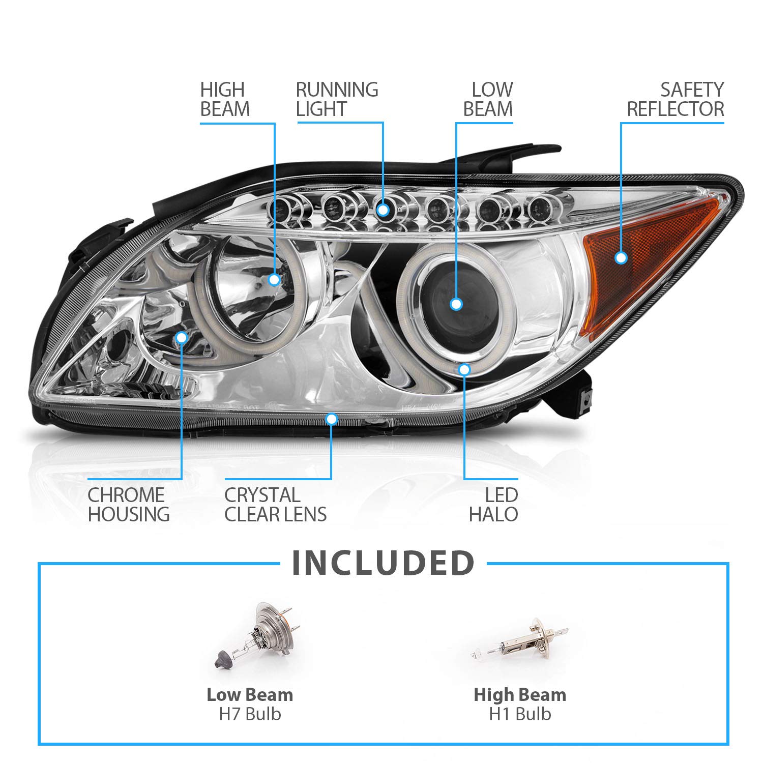 AmeriLite Chrome Ultra Bright LED Halo Projector Headlights for Scion Tc - Pair (Driver & Passenger Side) | High Visibility Night Driving & Custom Car Styling
