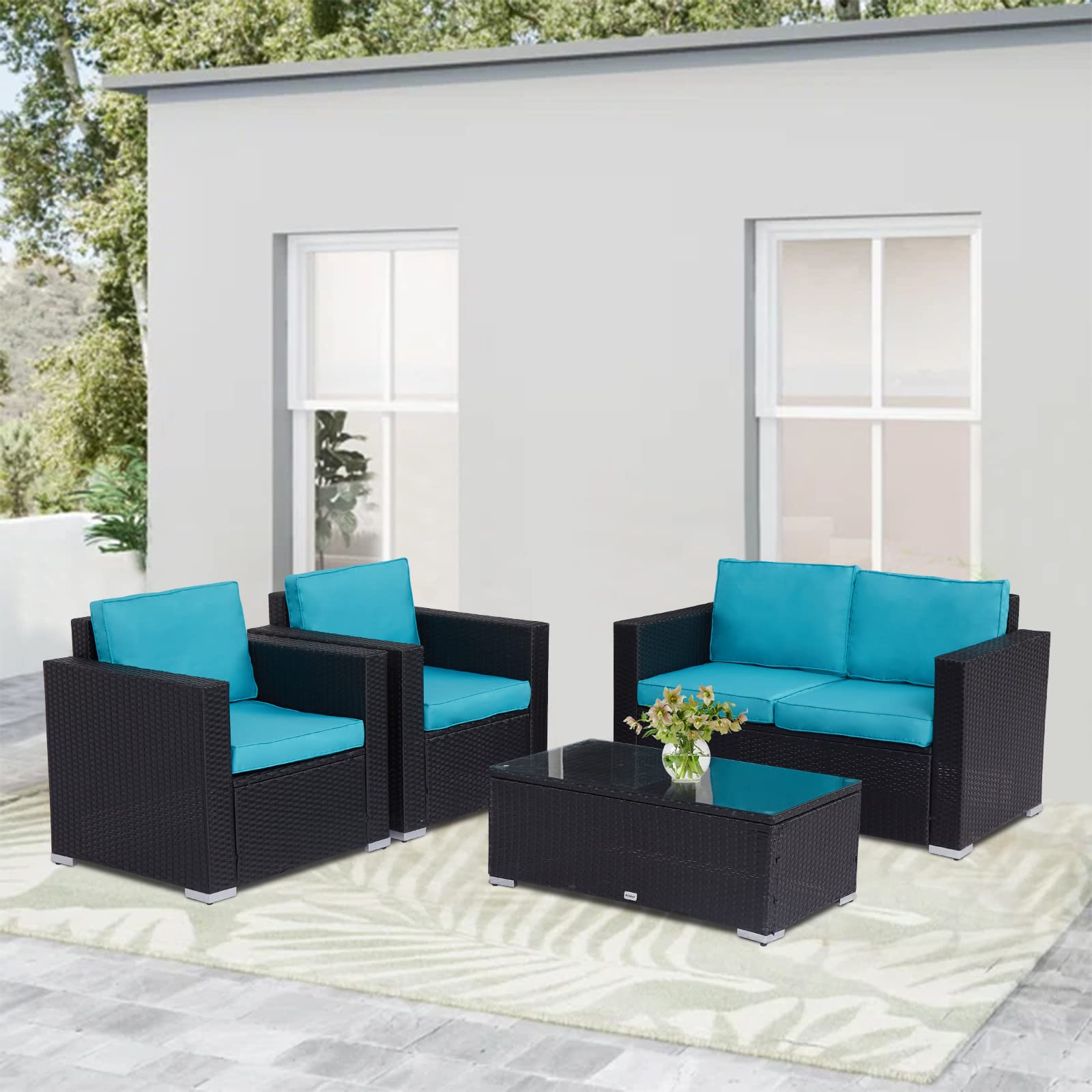 kinbor 4-Piece Wicker Patio Furniture Set - Outdoor Backyard Sectional Sofa in Blue | Perfect for Garden, Poolside & Terrace Relaxation