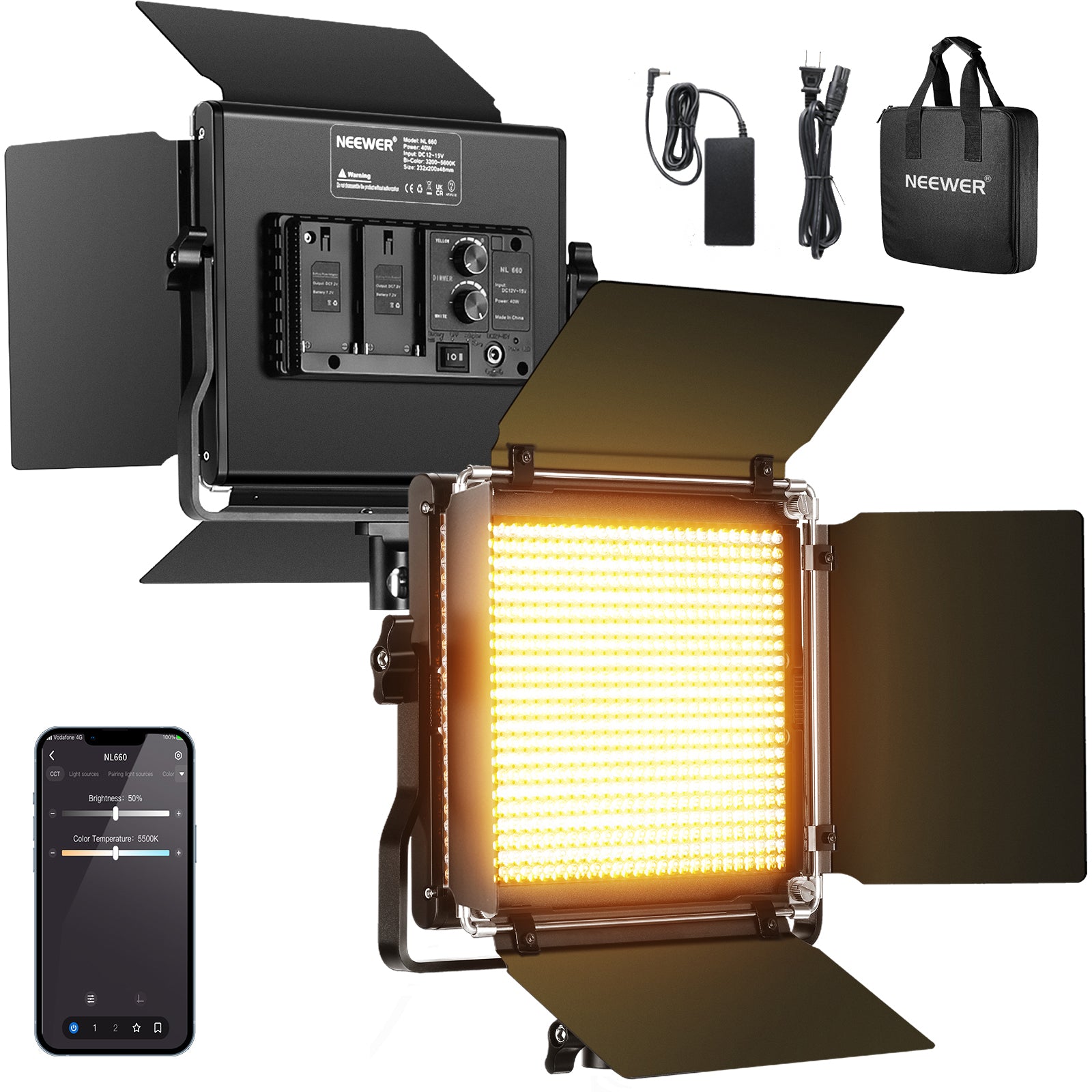 NEEWER 2 Pack NL660 Bi-Color LED Video Light Panel Kit - 3200K to 5600K Adjustable, Dimmable Lighting for YouTube Videos, Photography, Live Streaming & Studio Production