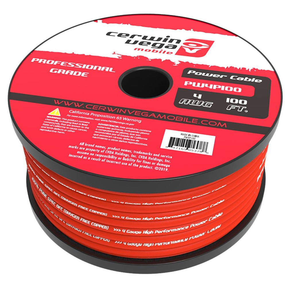 Cerwin Vega PW4P100 4 Gauge OFC Power Wire - 100ft Frost Red Spool for Car Audio, Marine & RV Electrical Systems