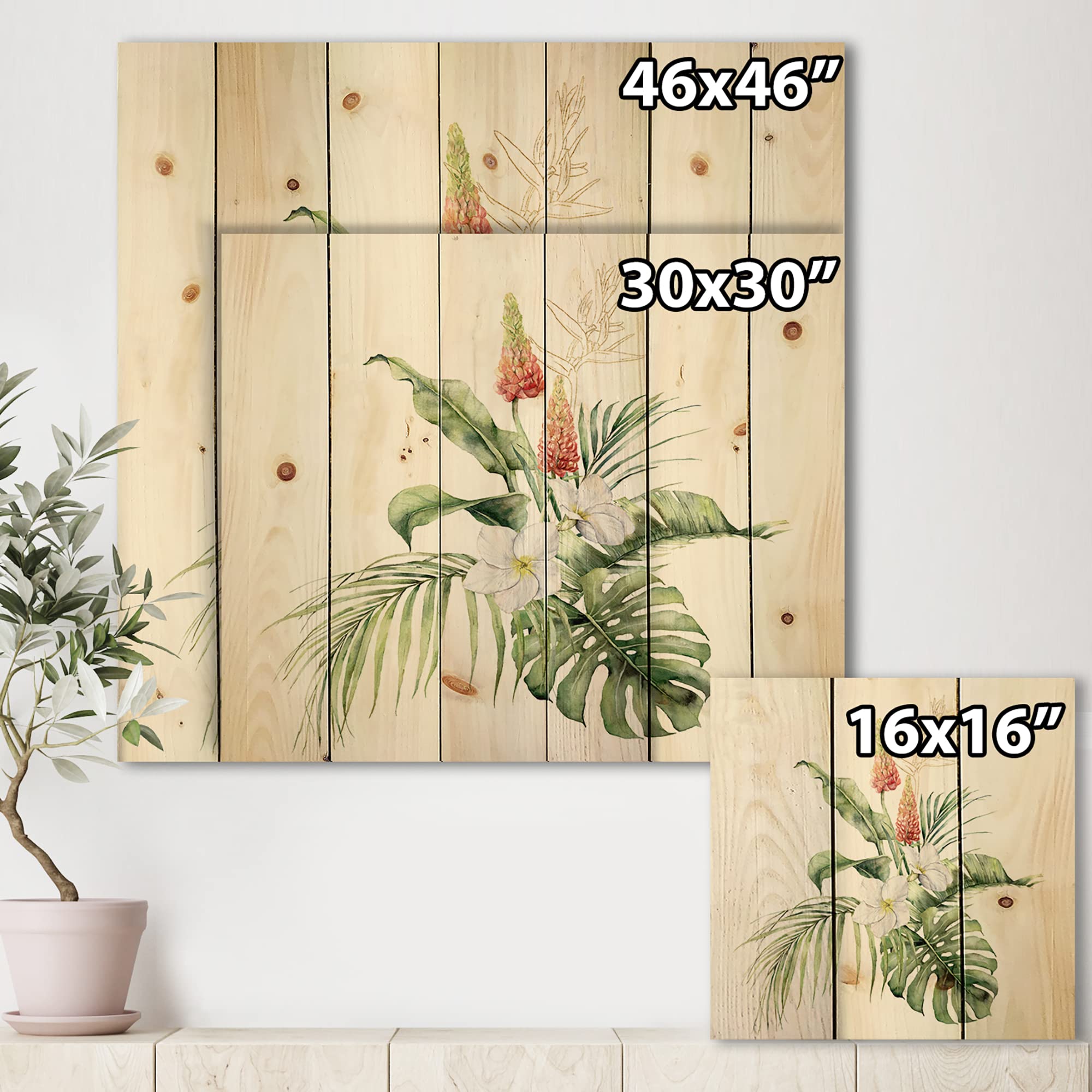 Tropical Bouquet Wood Wall Art - Large Floral Decor with Lupine, Plumeria & Palm Leaves on Natural Pine - Perfect for Beach House, Living Room or Bedroom Wall Decor