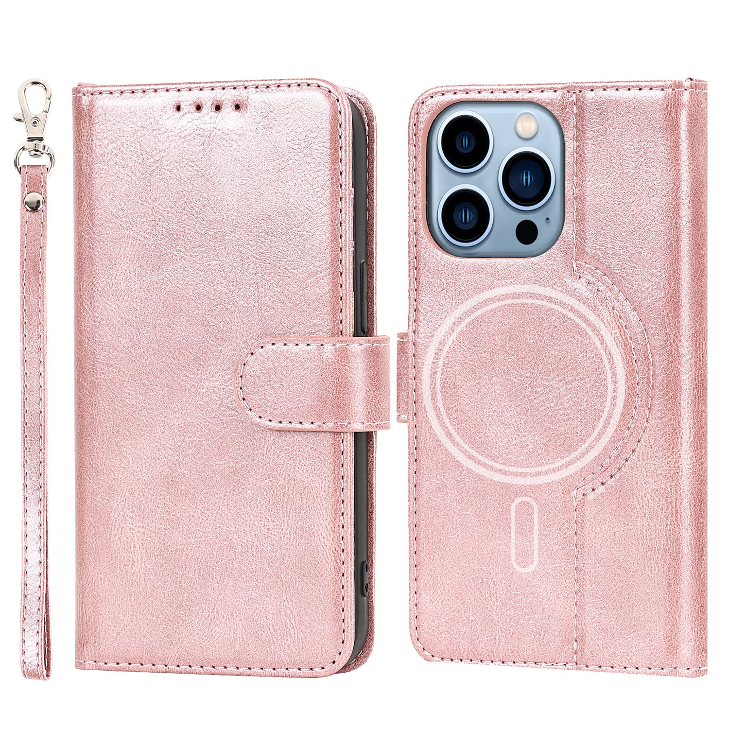Sailor Tech Magnetic Wallet Phone Case for iPhone 13 Pro Max - Leather Flip Folio Cover with RFID Blocking & 4 Card Holder | Compatible with MagSafe Wireless Charger | Wristband Included (Pink) - Perfect for Travel, Shopping & Everyday Use