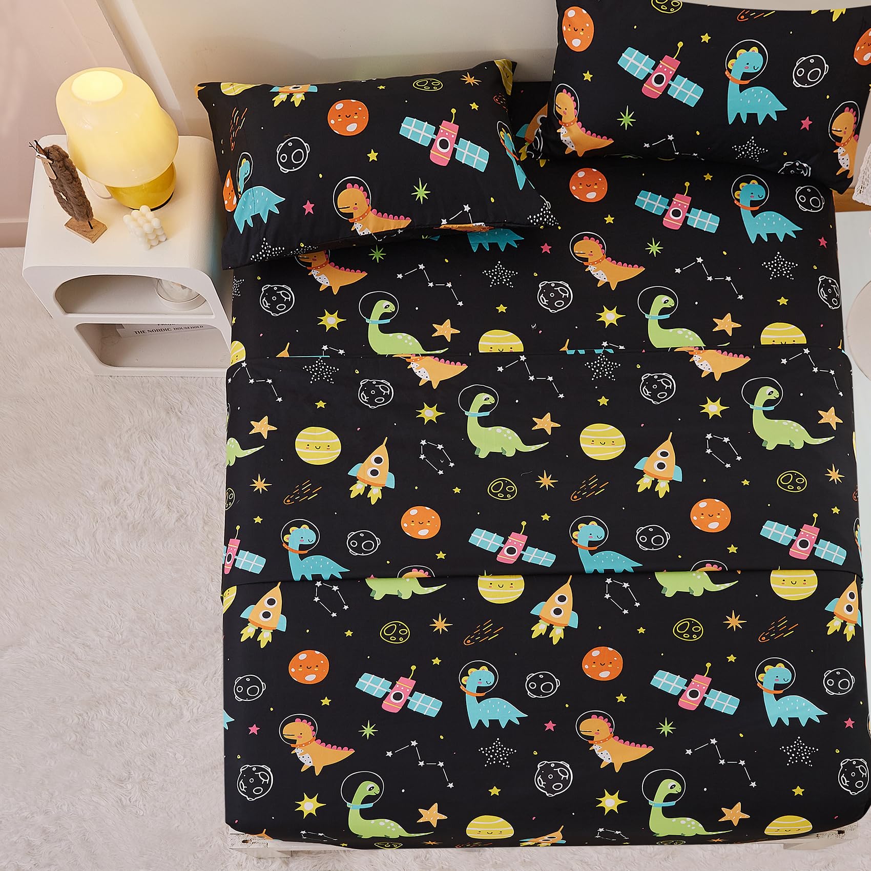 Dinosaur & Space Twin Sheet Set for Boys - Cute Planet Printed Microfiber Bedding with Deep Pocket (3-Piece Set) - Perfect for Kids' Room Decor & Space-Themed Bedrooms