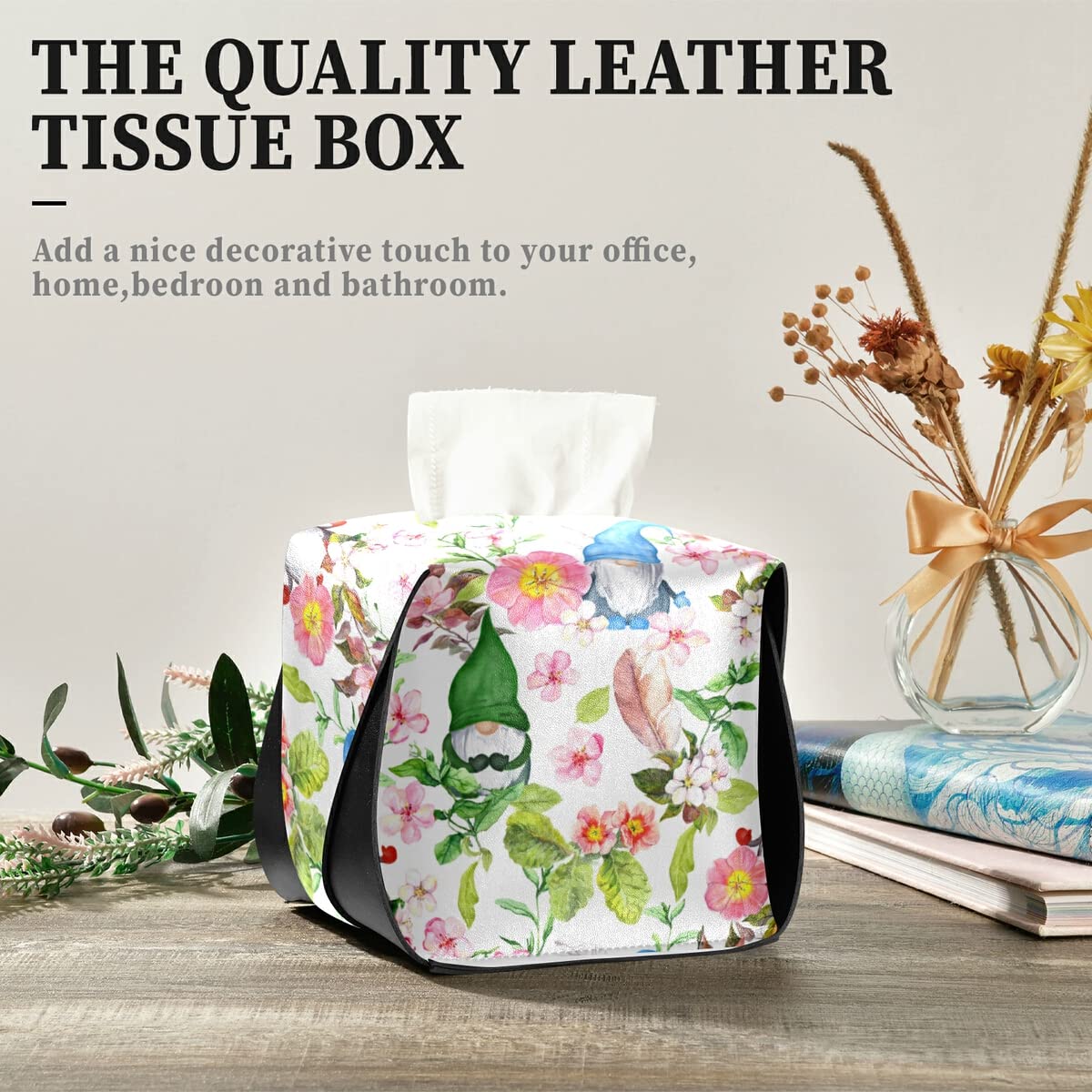 Decorative Leather Rectangular Tissue Box Cover with Cute Gnomes & Flowers - Tissue Dispenser Case for Hotel, Restaurant, Bedroom & Car Decor