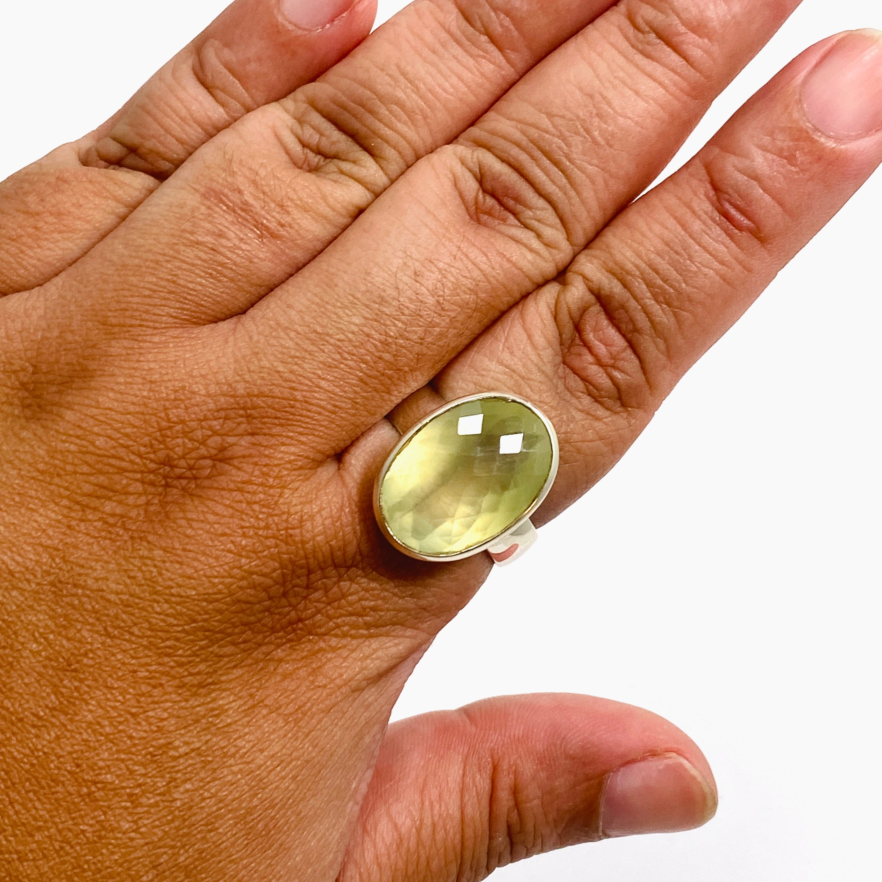 Prehnite Oval Checkerboard Faceted Ring - Size 12 Sterling Silver Jewelry for Women - Perfect for Wedding, Anniversary & Special Occasion Gifts
