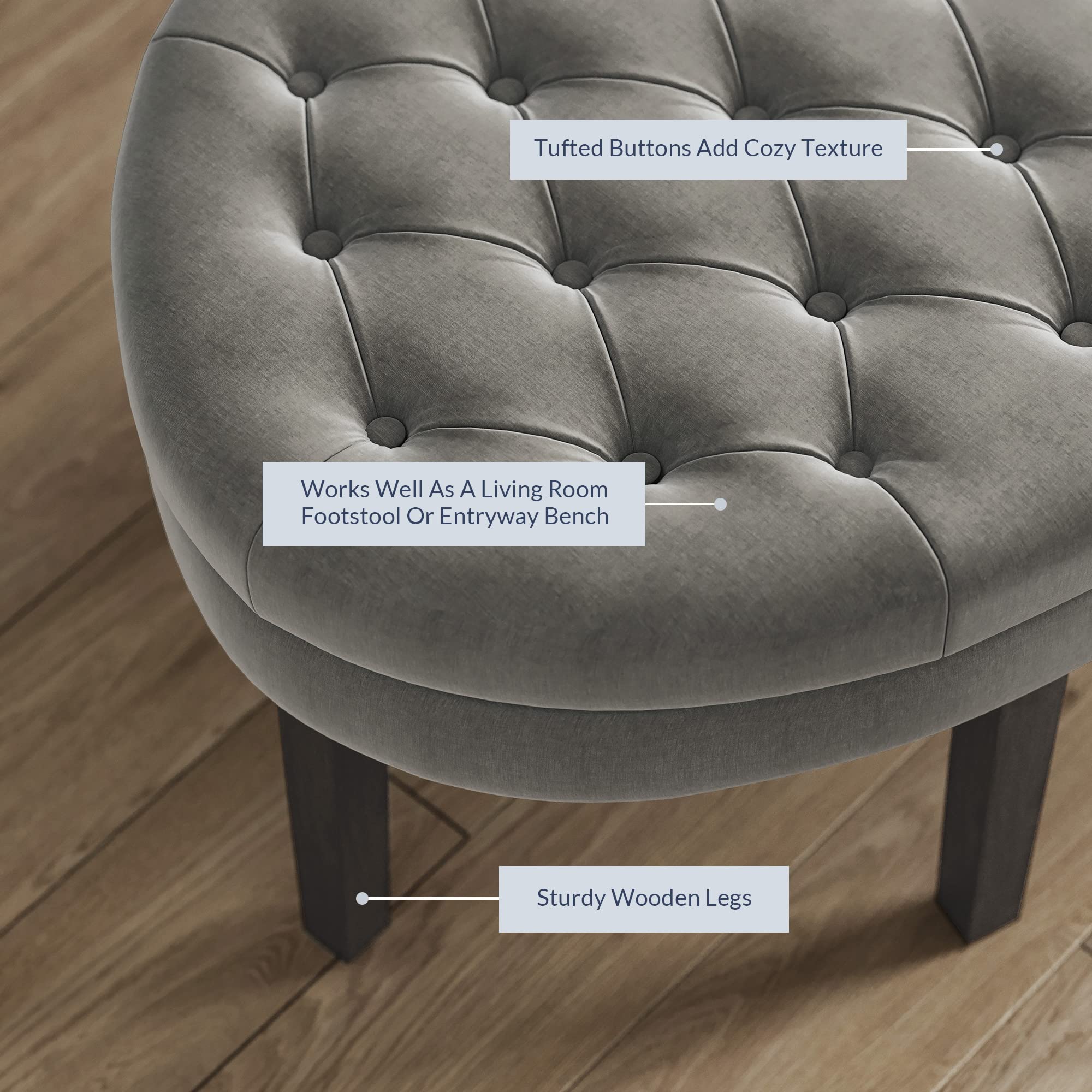 BELLEZE 46 Inch Upholstered Ottoman Bench with Button Tufting, Oval Coffee Table Footrest Stool with 6 Sturdy Legs - Dark Gray Linen Fabric for Entryway, Living Room, Bedroom & Dining Room | Perfect as Extra Seating, Footrest or Stylish Home Decor