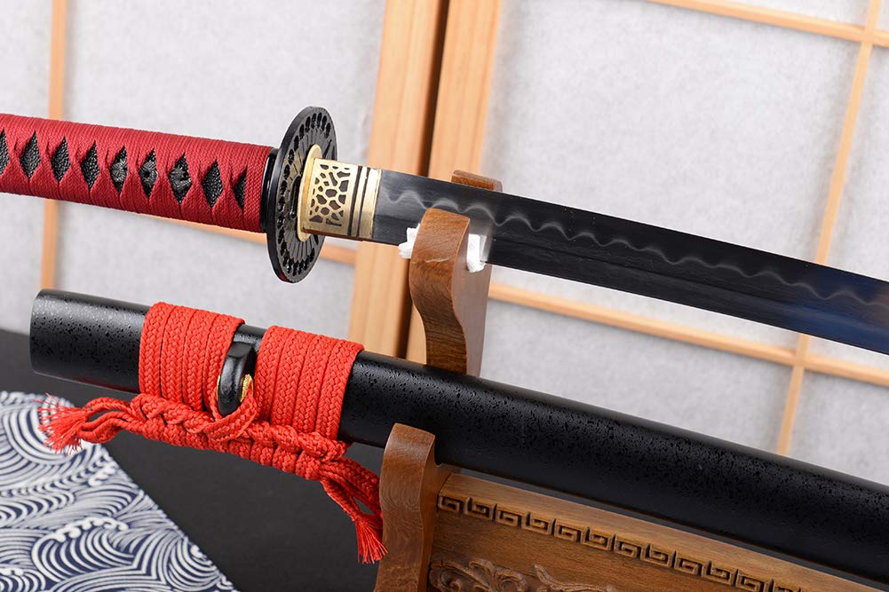 Handmade Clay Tempered Damascus Steel Japanese Samurai Katana Sword - Razor Sharp Full Tang Battle Ready Blade for Martial Arts Training, Cosplay & Collection | Authentic Japanese Sword for Display, Cutting Practice & Gift