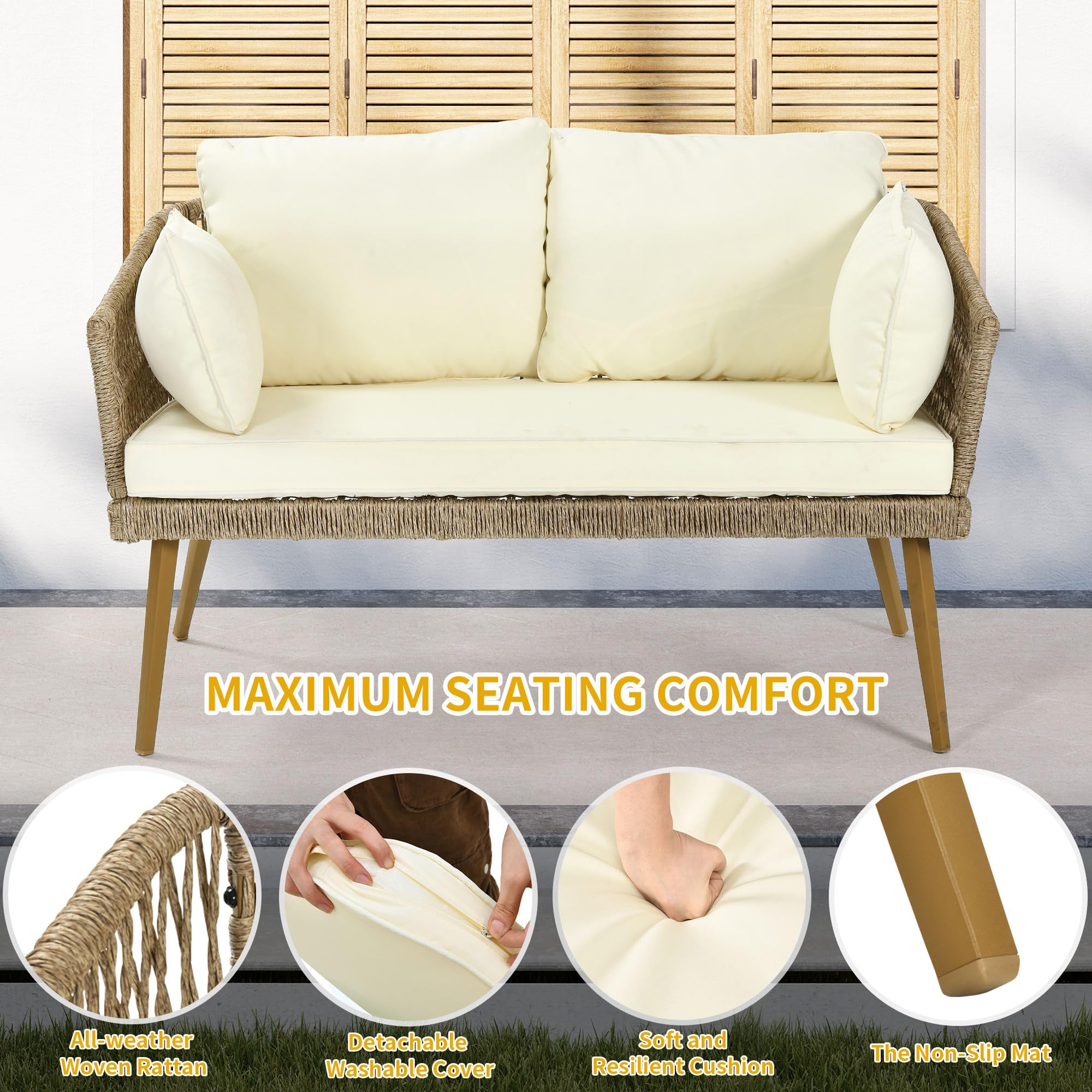 DWVO All-Weather Wicker Loveseat with Cushions - Outdoor Patio 2-Seater Sofa Set with Lumbar Pillows - Durable Rattan Furniture for Garden, Balcony, Deck & Poolside (Beige) | Perfect for Relaxing, Entertaining & Creating Cozy Outdoor Spaces