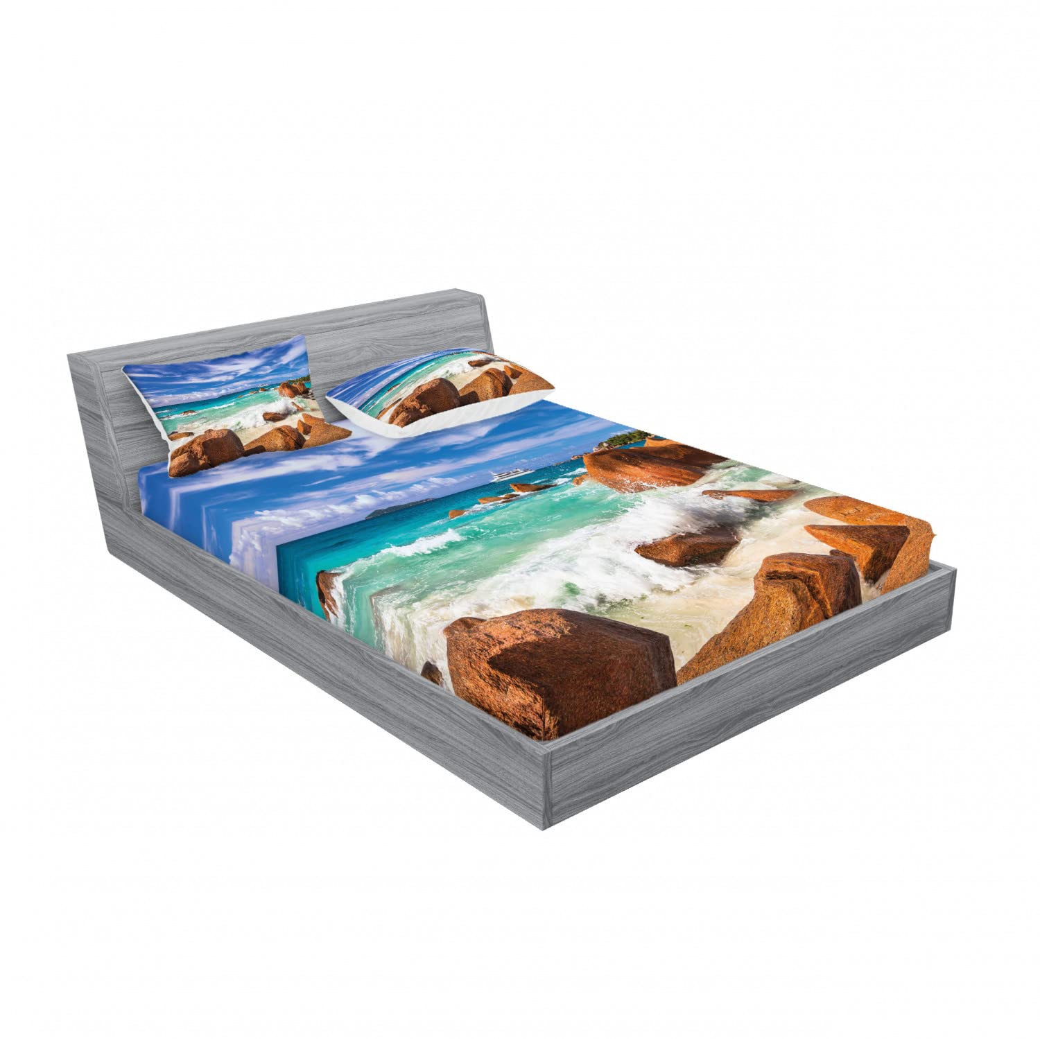 Ambesonne Tropical 2-Piece Queen Size Fitted Sheet Set with 4 Pillow Shams - Rocky Coast Seychelles Ocean Theme Bedding in Cinnamon Blue Turquoise - Soft Wrinkle-Resistant Sheets for Beach House, Guest Room & Vacation Home Decor