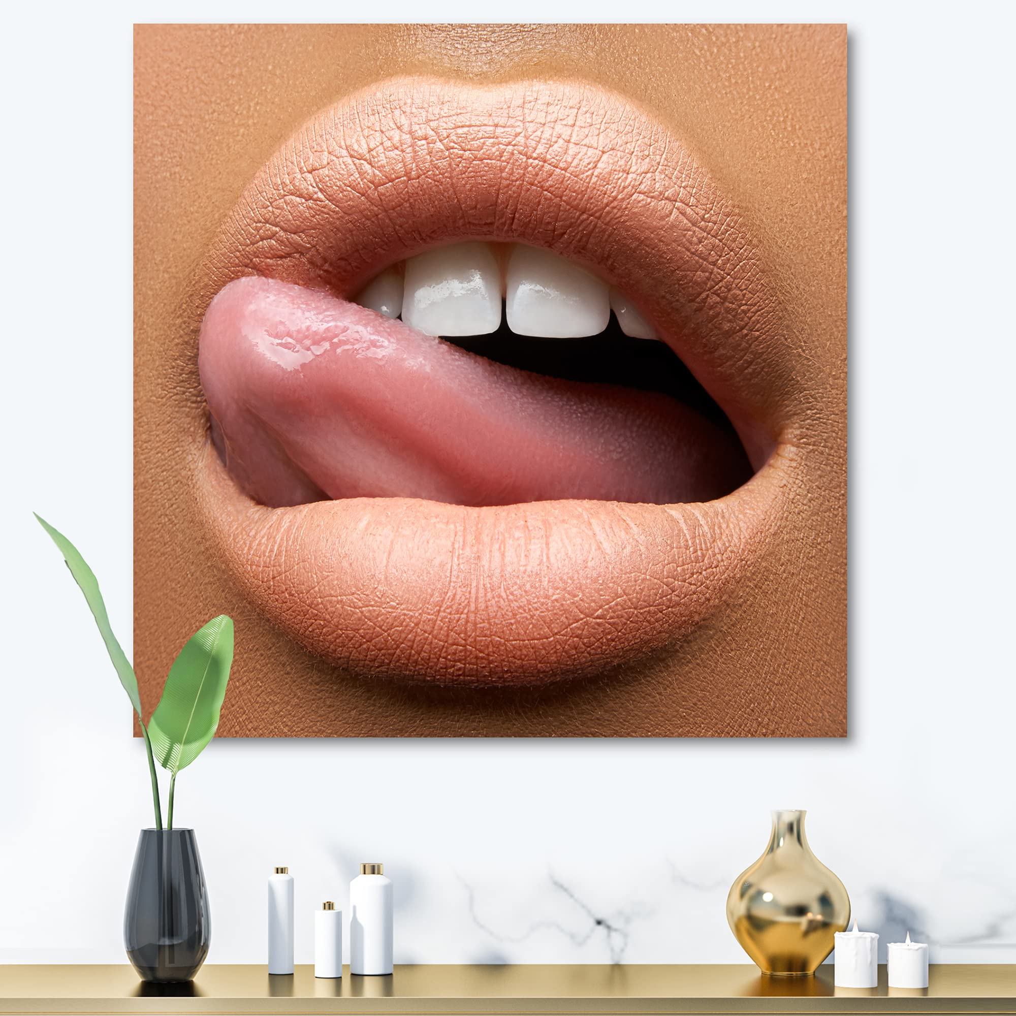 Stunning Dark-Skinned Woman Lips with Tongue - Modern Canvas Wall Art for Living Room, Bedroom & Office Decor