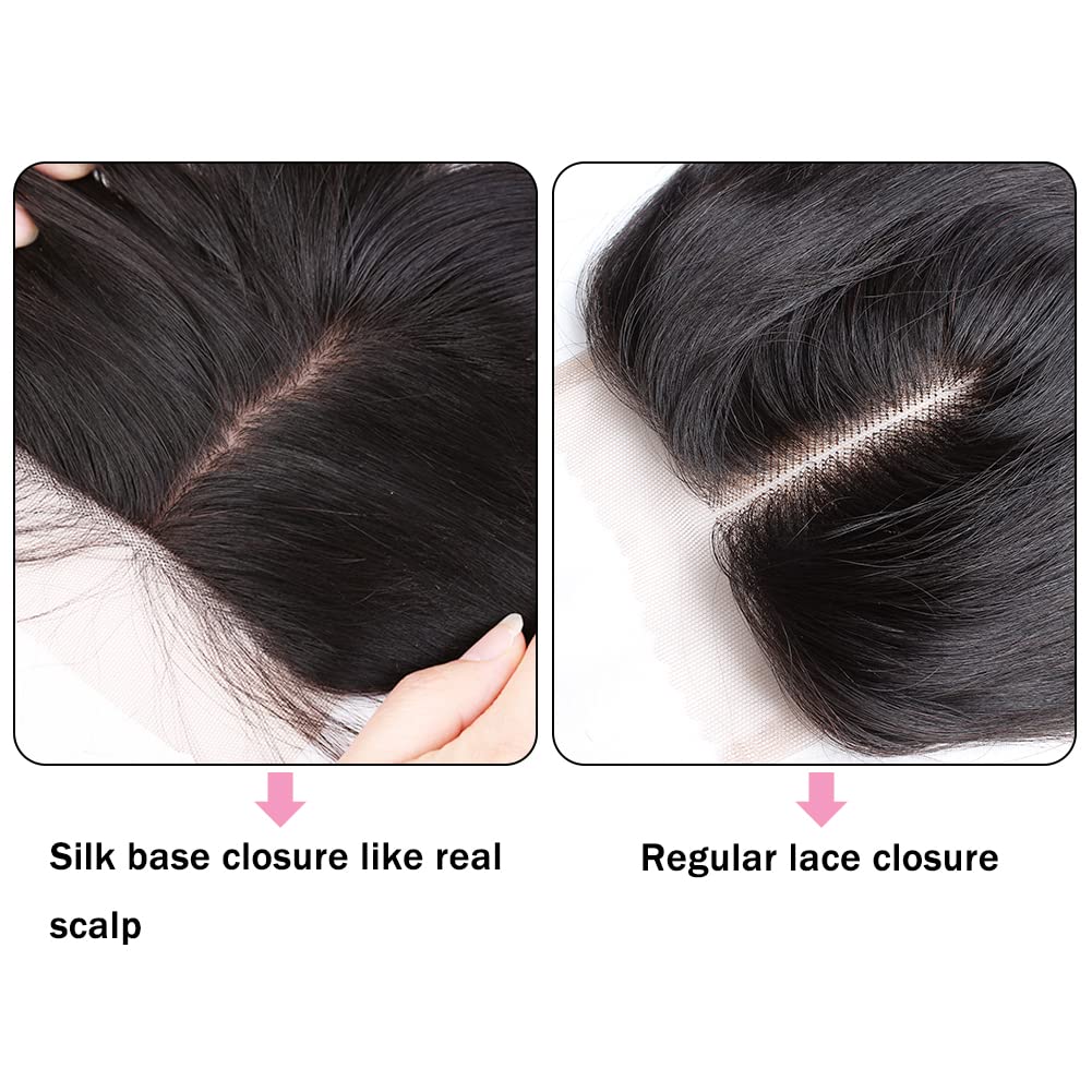 4x4 Silk Base Lace Closure with Baby Hair - Free Part Curly Wave Human Hair Closure - Bleached Knots Brazilian Virgin Hair - 18 Inch Natural Color - Perfect for Protective Styles & Everyday Wear