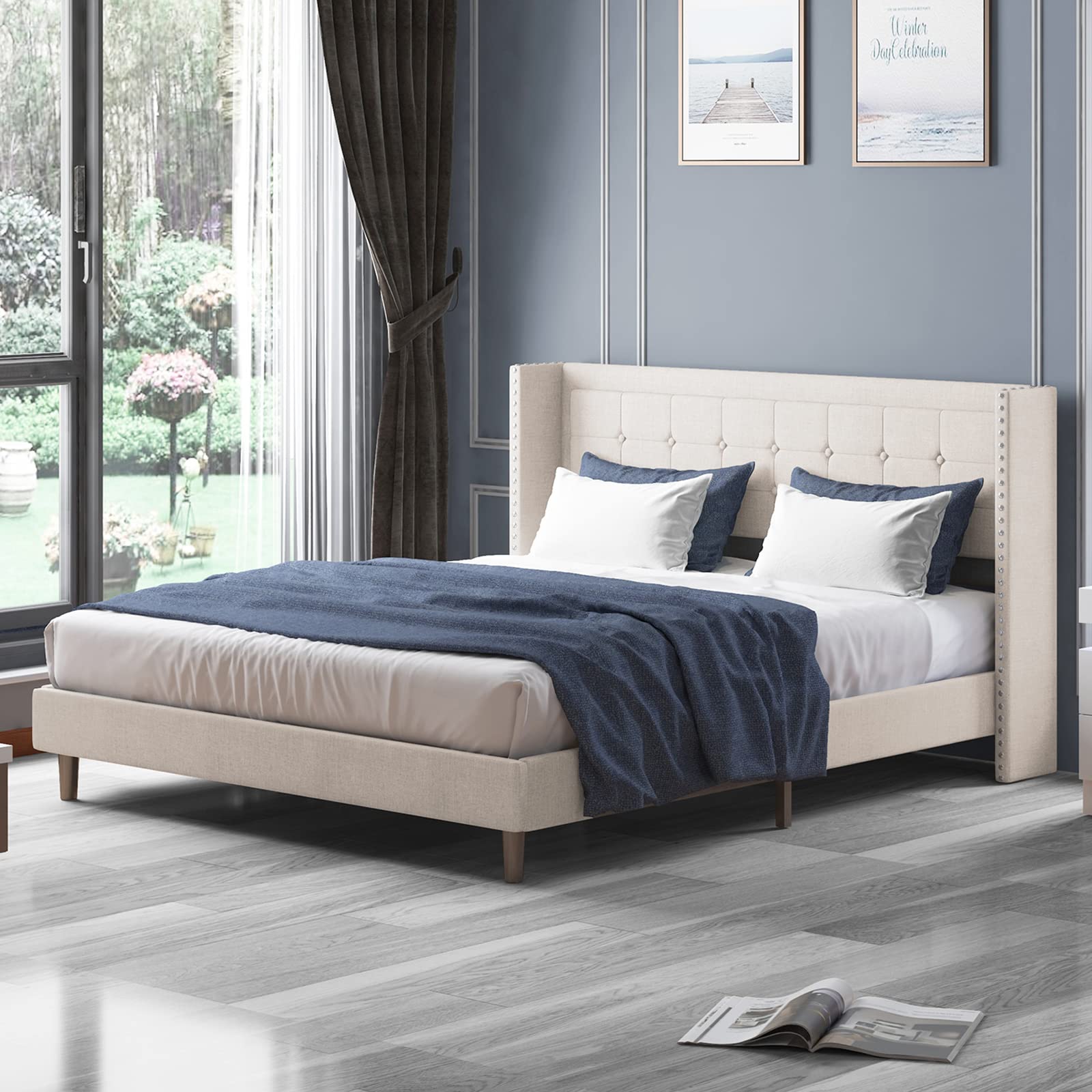 Modern King Size Platform Bed Frame with Wingback Headboard & Tufted Buttons - No Box Spring Needed, Easy Assembly (Beige) - Perfect for Master Bedroom, Guest Room, or Apartment