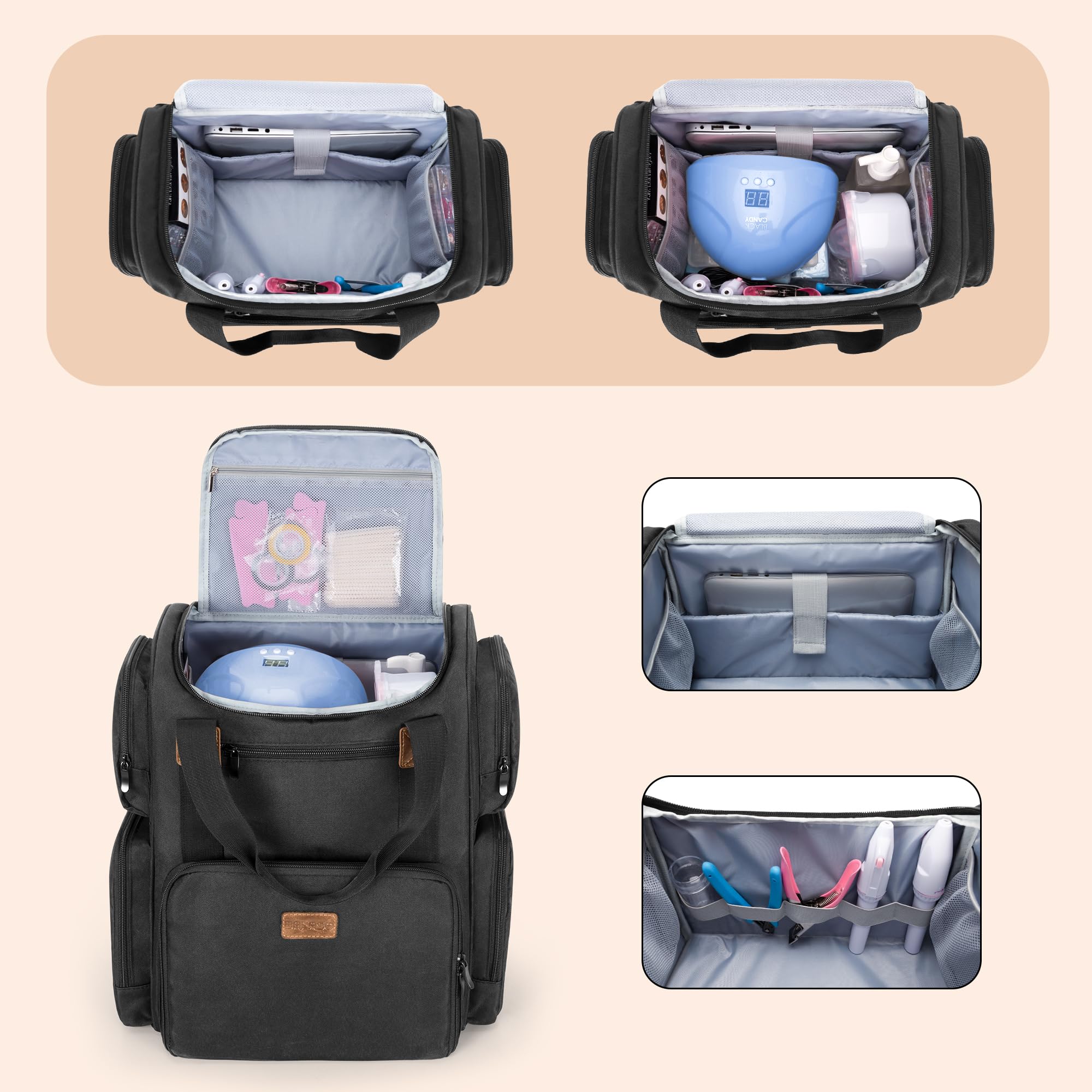 BAFASO Professional Nail Polish Organizer Backpack - Holds 70 Bottles & Nail Lamp, 2 Removable Pouches, Laptop Sleeve (Patented Design) - Perfect for Mobile Nail Technicians & Salon Professionals - Black