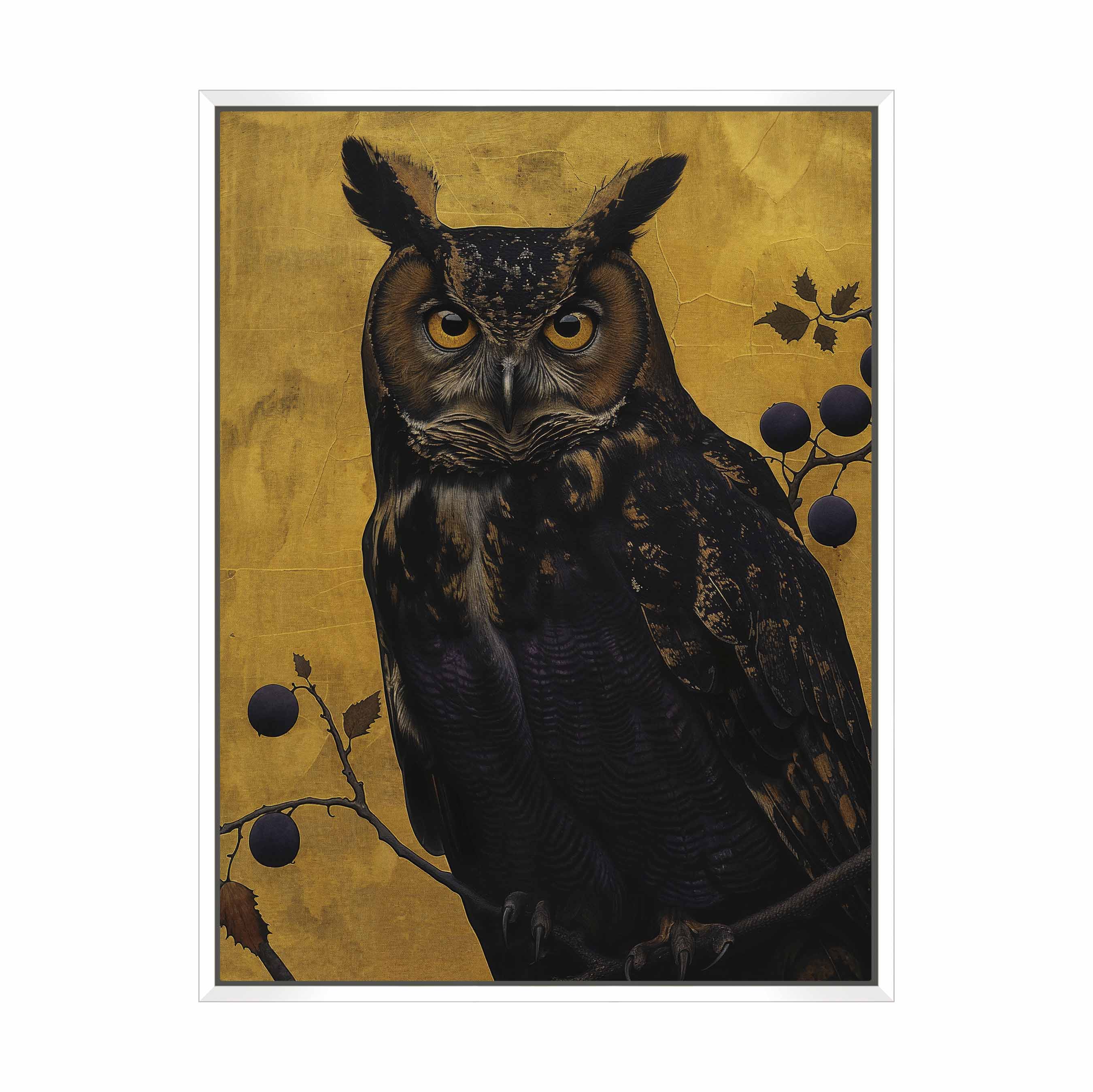 Golden Gaze Great Horned Owl Among Berries - Premium Gallery Wrapped Canvas Wall Art for Home & Office Decor - Perfect for Living Room, Bedroom or Study