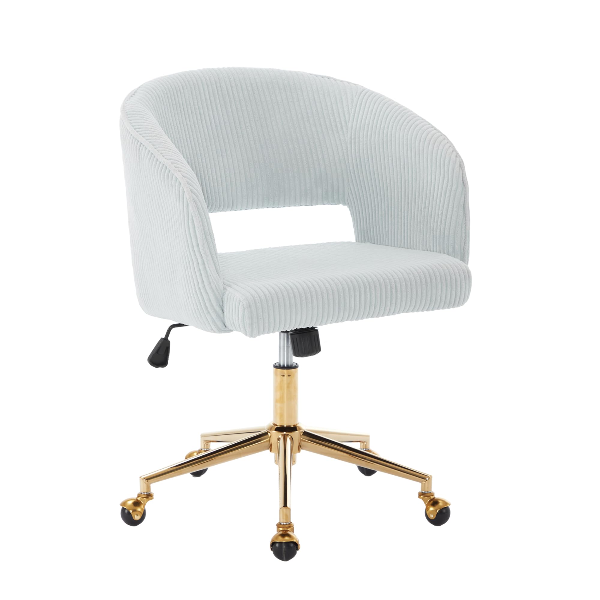 Ergonomic Swivel Office Chair with Corduroy Fabric & Gold Base - Comfortable Tufted Desk Chair for Women, Girls, Home Office, Study & Computer Work - Light Blue Accent Armchair for Living Room & Workspace