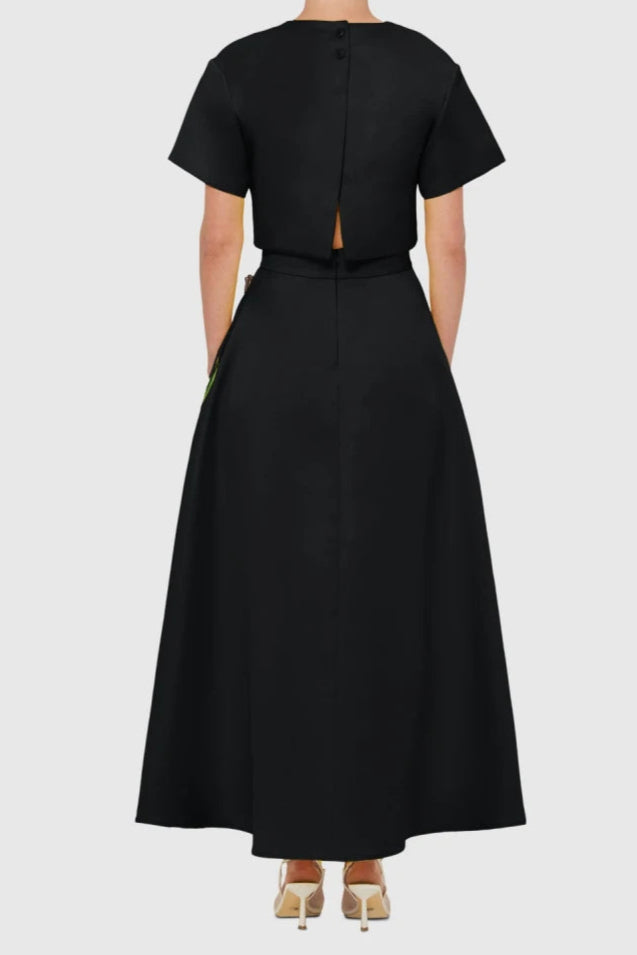 Black Indie Appliqué Sleeve Iris Print Set - Perfect for Boho Fashion & Festival Outfits