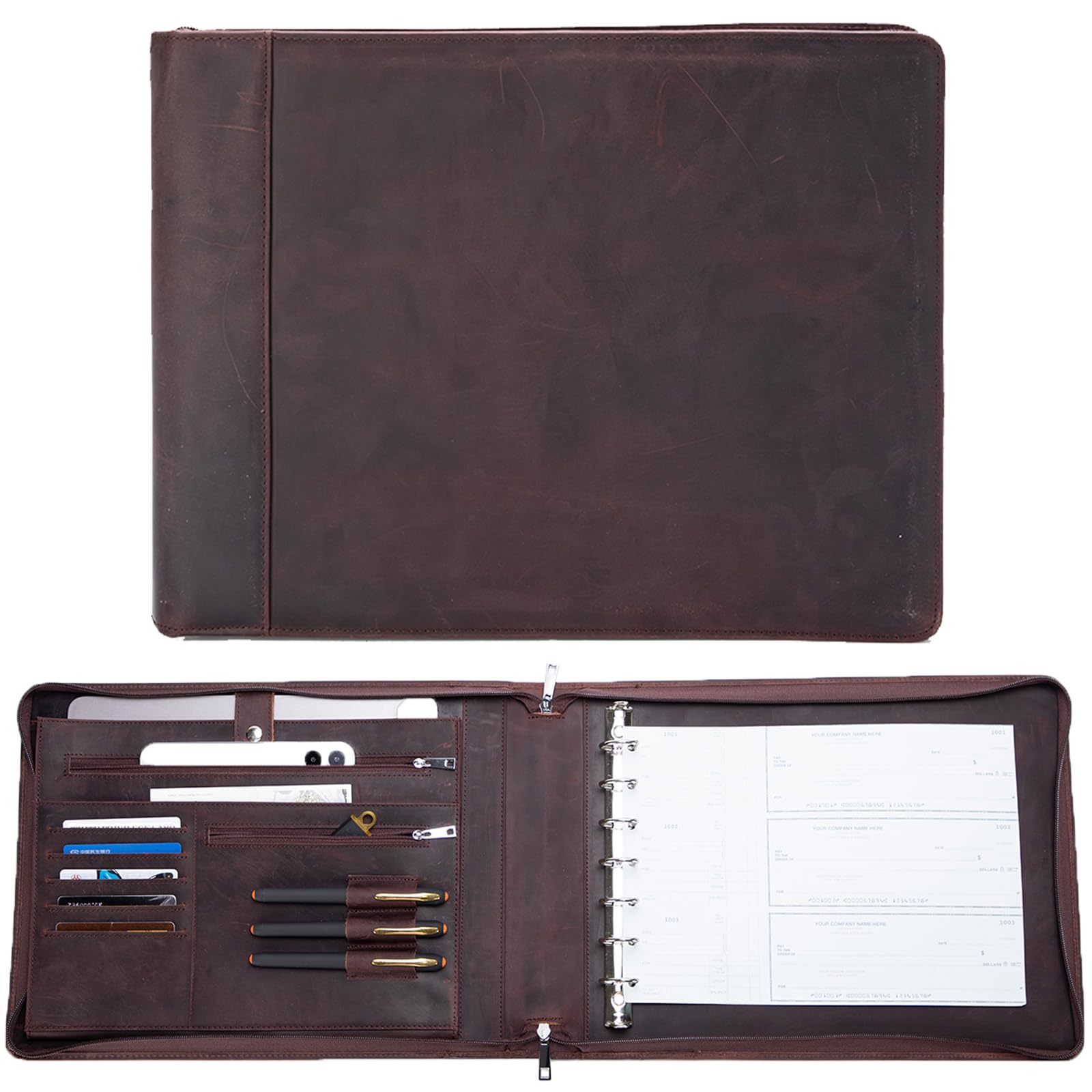 Premium 7-Ring Check Binder - Genuine Leather Business Checkbook Cover with 3-On-A-Page Design Holds 600 Checks (9