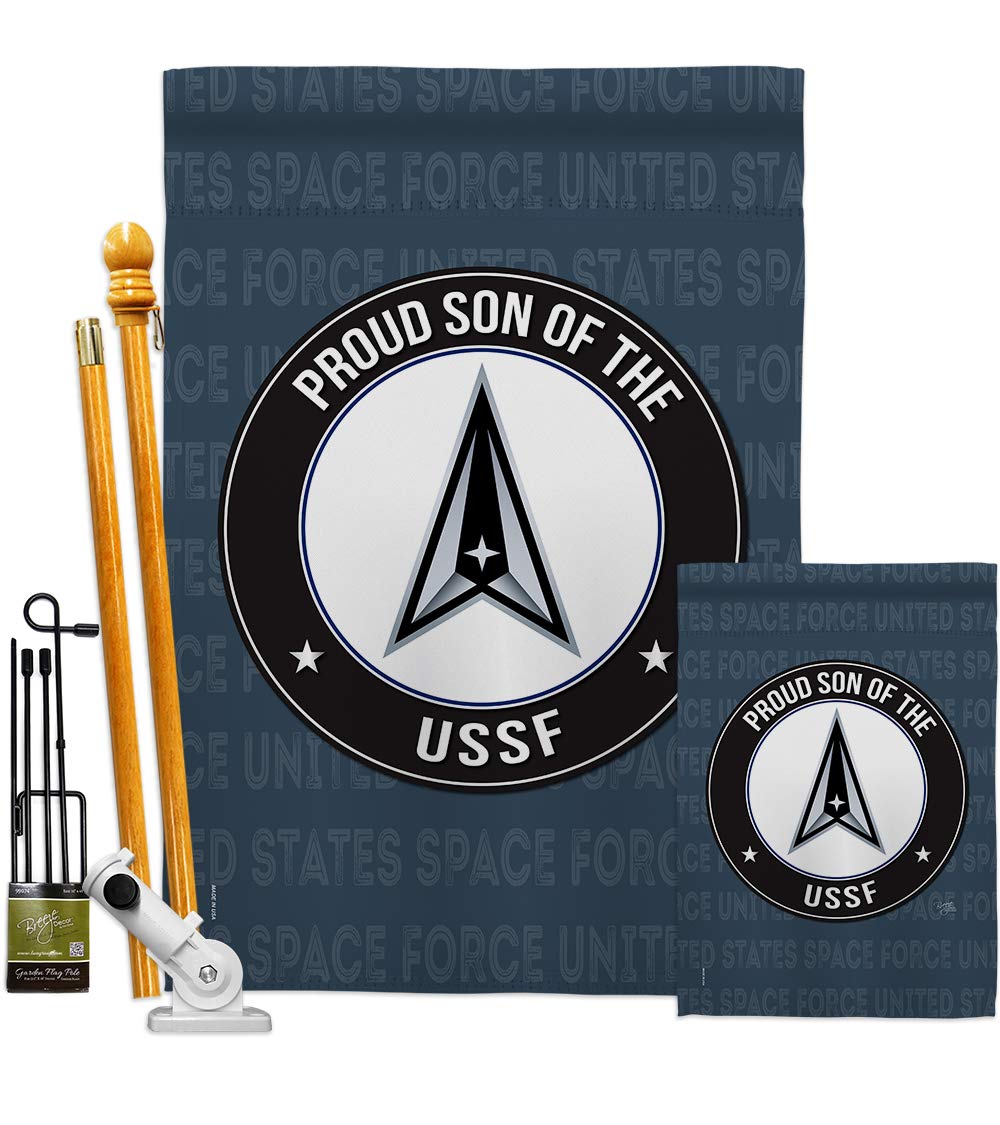 USSF Proud Son Garden Flag Kit - Double-Sided 28x40 Inch Military Decor, Made in USA | Patriotic Yard Banner for Armed Forces Support, Space Force & Air Force Pride - Perfect for Home, Garden, and Military Appreciation Gifts