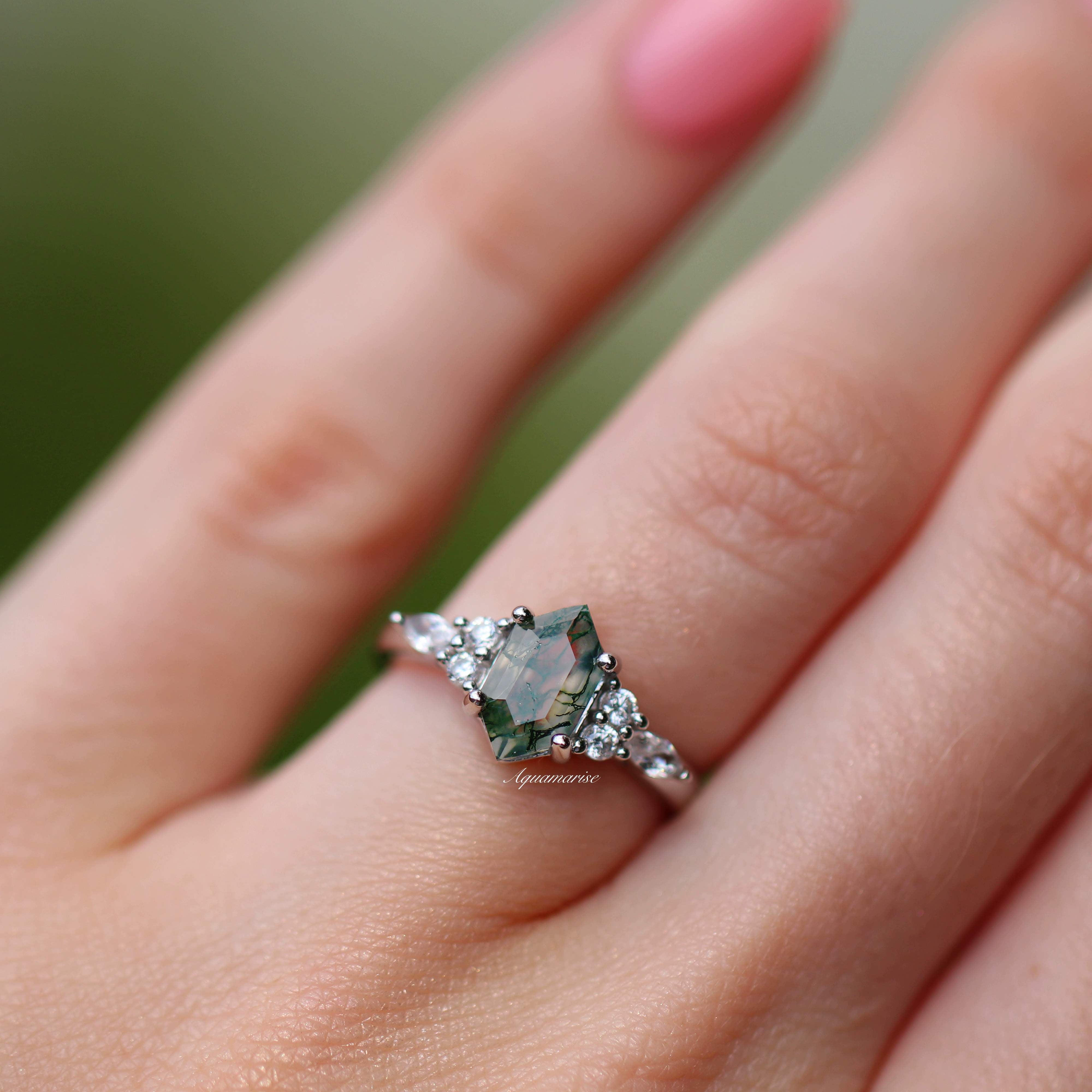 Sonnet Hexagon Green Moss Agate Ring - Sterling Silver Jewelry for Women | Nature-Inspired Healing Crystal Ring for Meditation, Yoga & Spiritual Gifts