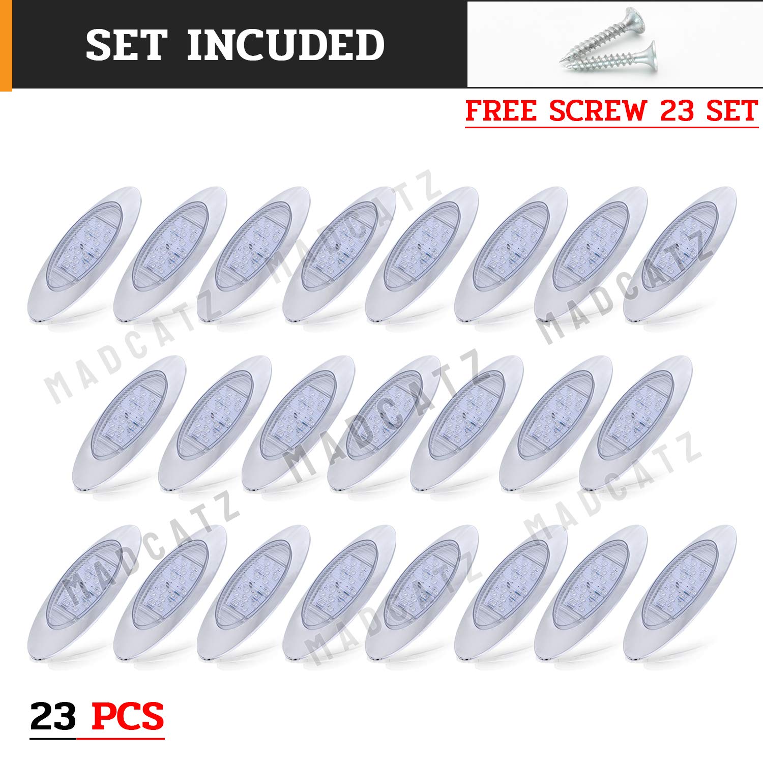 MADCATZ 6.5 Inch 16 LED Oval Cab Marker Lights - Clear Lens Amber Light with Chrome Bezel, 12V DC for Trucks & Trailers (Pack of 23) - Durable Side Marker Lights for Enhanced Night Visibility & Vehicle Safety