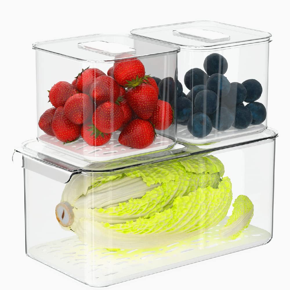 Stackable Refrigerator Food Storage Containers with Lids - 3-Piece Set for Fresh Fruits, Vegetables & Berries | Includes Removable Drain Trays | Perfect for Kitchen Organization & Meal Prep
