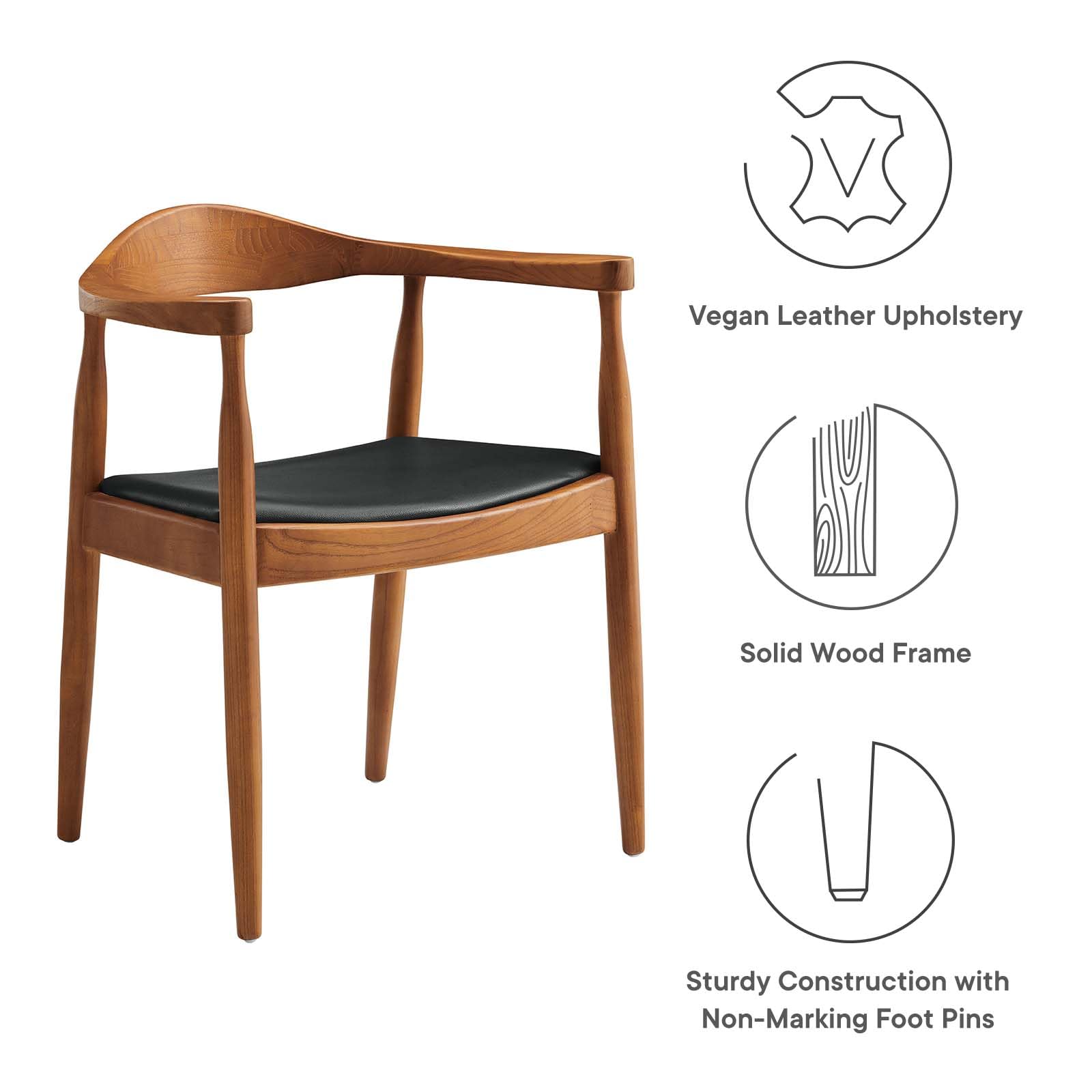 Modway Presidential Mid-Century Modern Faux Leather Upholstered Dining Armchair - Black Contemporary Office Chair for Home & Restaurant Dining Room Decor