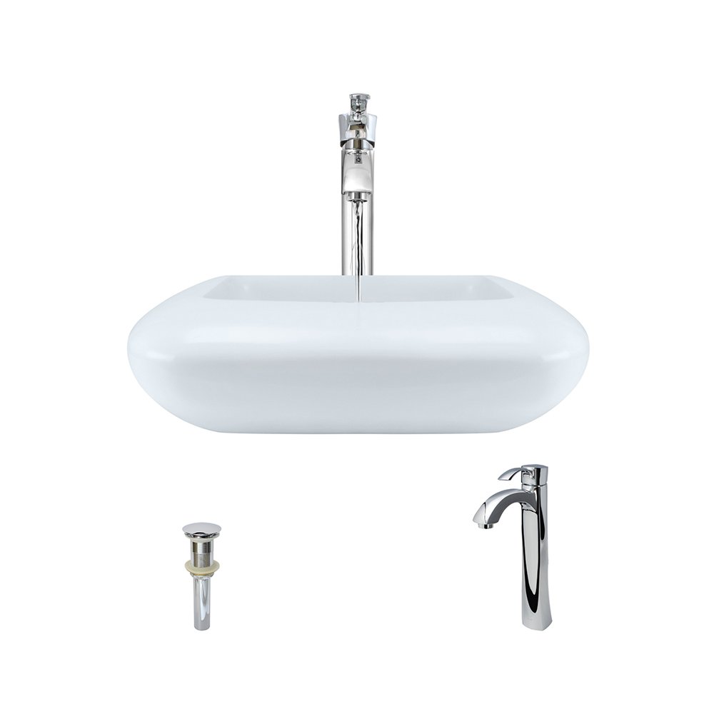 White Porcelain Vessel Sink with Chrome Faucet Set - Modern Bathroom Vanity Sink with Pop Up Drain - Perfect for Powder Rooms, Guest Baths & Luxury Home Renovations