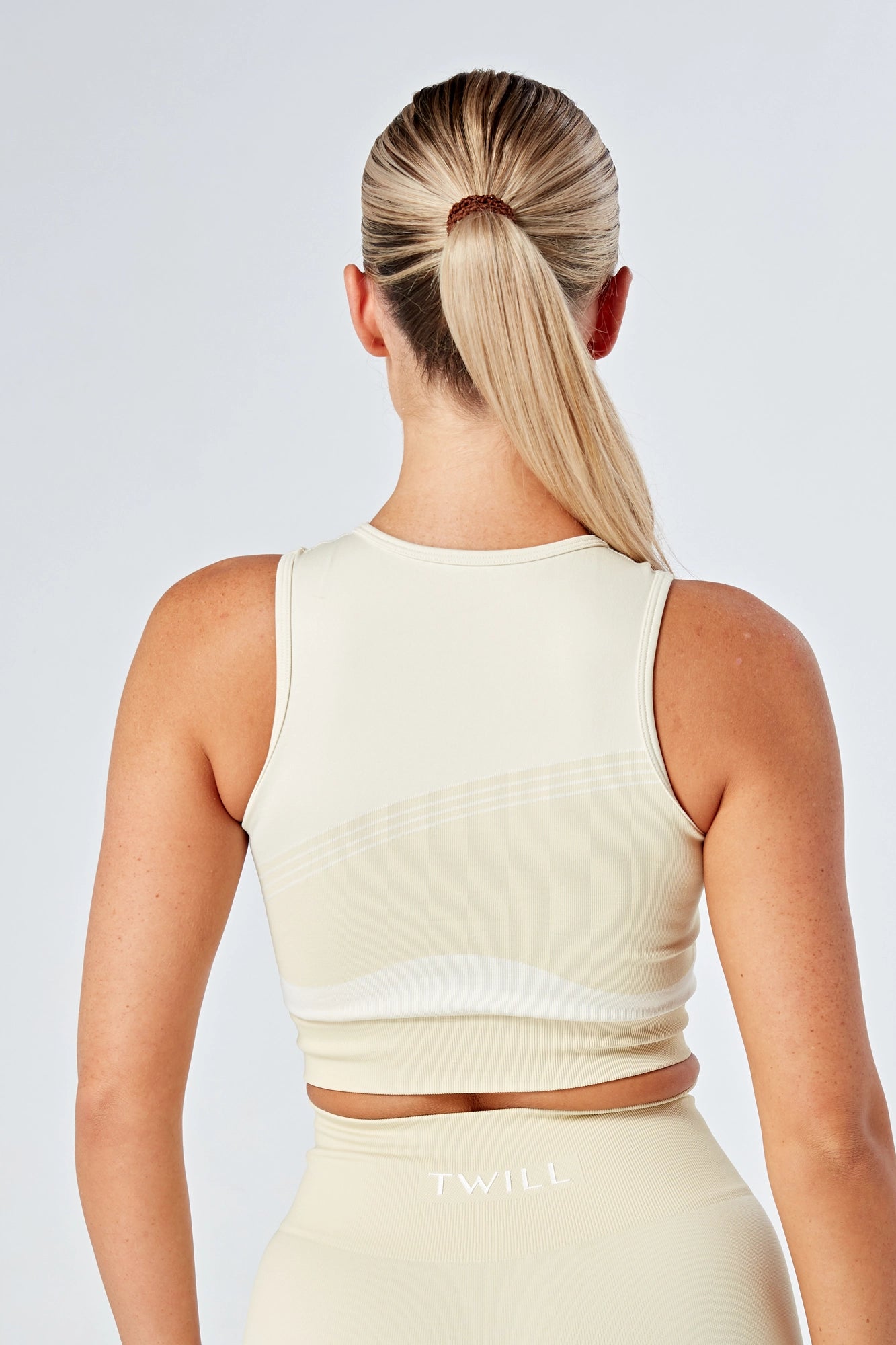 Eco-Friendly Twill Active Color Block Racerback Crop Top - Stone | Workout, Yoga & Gym Wear for Women