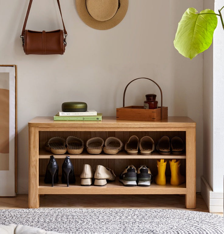 Solid Oak Wood Shoe Storage Bench with Cushion - Entryway Organizer for Shoes, Boots & Accessories - Perfect for Hallway, Mudroom & Closet Organization