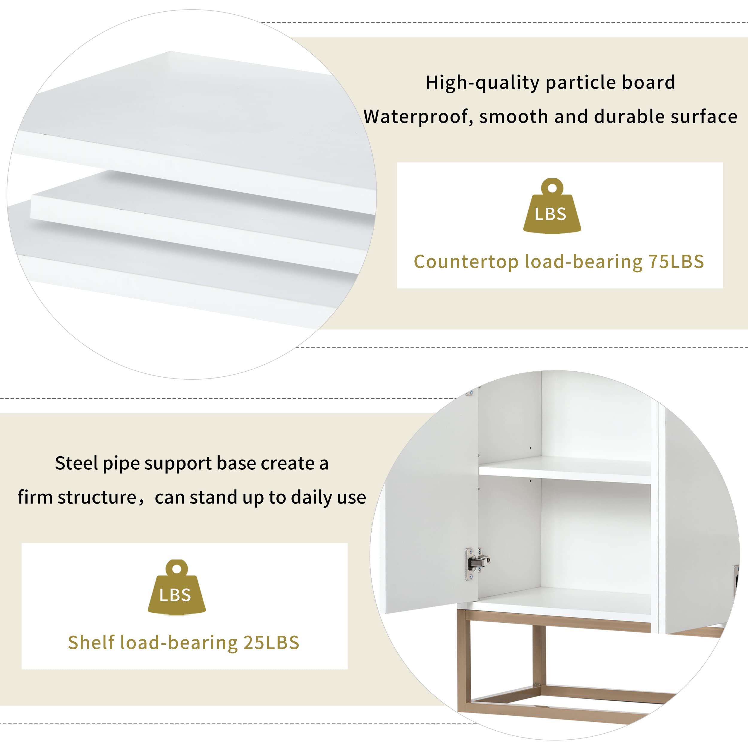 Modern Sideboard Buffet Cabinet with 4 Doors & Display Shelves - Elegant Storage Cupboard with Gold Metal Base for Dining Room, Entryway, Kitchen - Perfect for Home Organization & Stylish Display (White)
