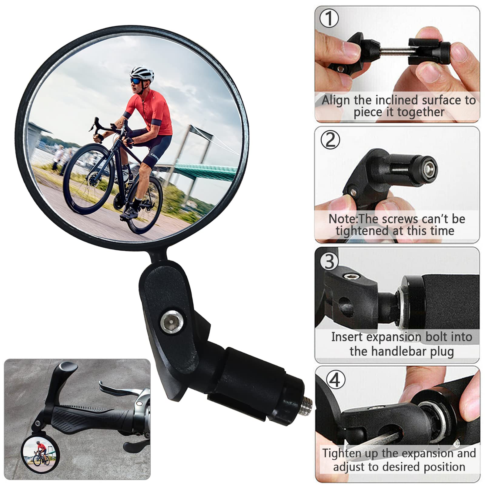 **Universal Bike Mirror - 360° Adjustable HD Glass Rearview Mirror for Safe Cycling - Bar End & Handlebar Mount - Compatible with Bicycle, Electric Bike, Motorcycle (Black, 2PCS) - Perfect for Commuting & Road Safety**
