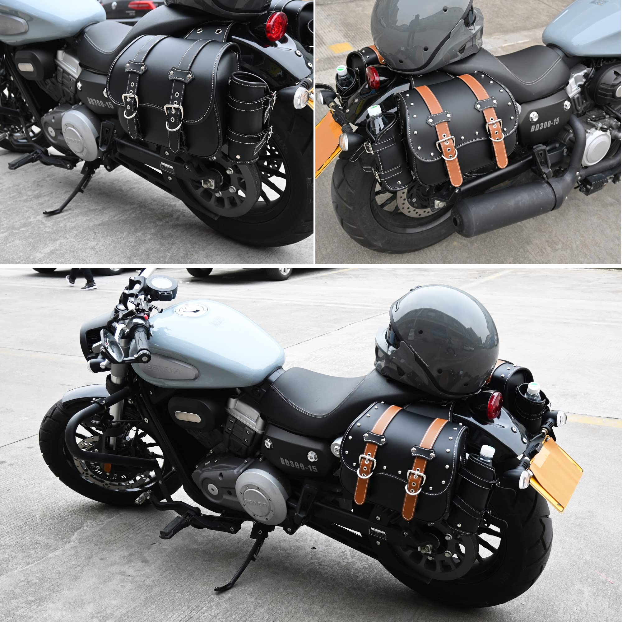 Premium PVC Leather Motorcycle Saddlebags - Universal Throw Over Panniers with Cup Holder & Side Tool Storage | Waterproof Motorbike Side Bags (1 Pair, Brown Belt & Black) | Perfect for Long Rides, Commuting & Adventure Touring