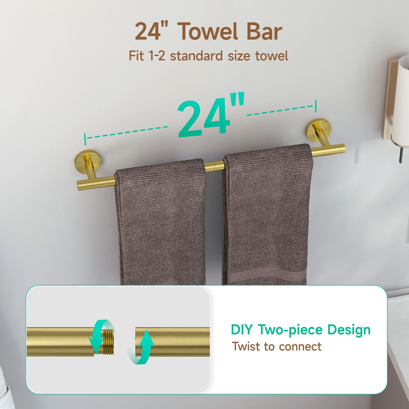USHOWER Brushed Gold Bathroom Accessories Set - 24 Inch Stainless Steel Towel Bar & Wall Mounted Hardware (4-Piece) | Durable SUS304 for Bathroom & Shower | Modern Home Decor for Master Bath, Guest Bath & Spa Retreats