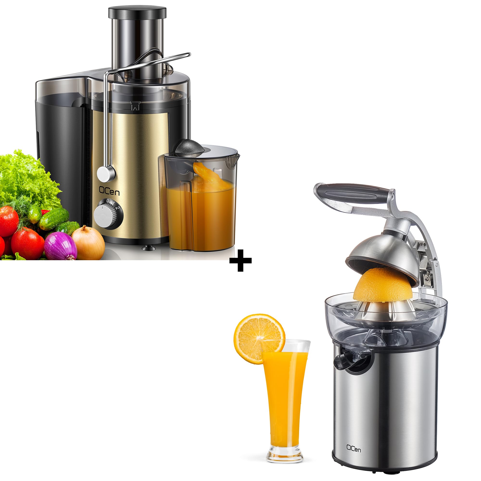 QCen 800W High-Speed Juicer Machine - Metallic Gold Electric Citrus Juicer Squeezer Bundle for Fresh Orange, Lemon & Grapefruit Juice - Perfect for Home, Restaurant & Juice Bar Use