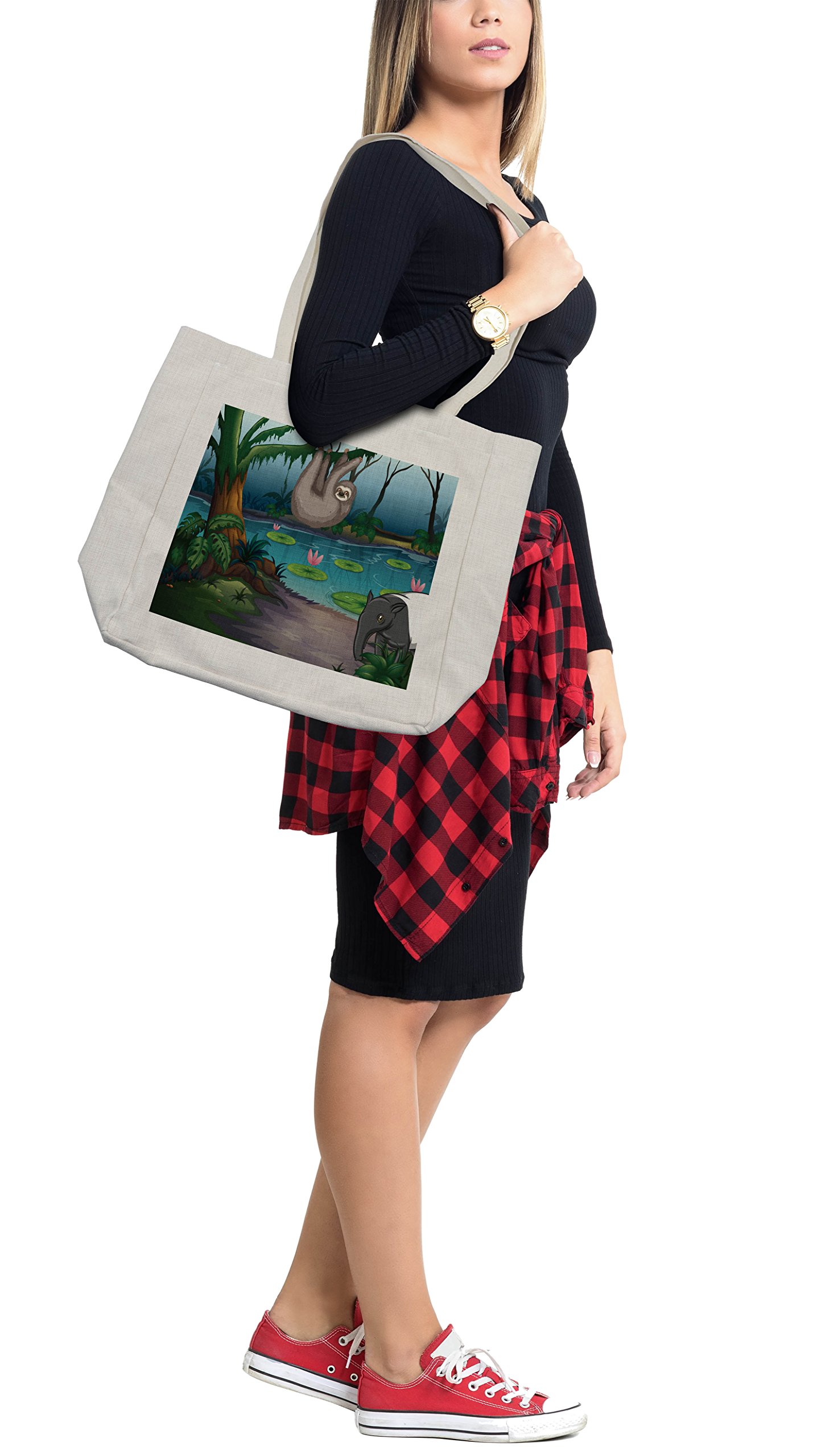 Lunarable Sloth Shopping Bag - Eco-Friendly Reusable Tote with Exotic South American Jungle Sloth & Anteater Pond Illustration - 15.5