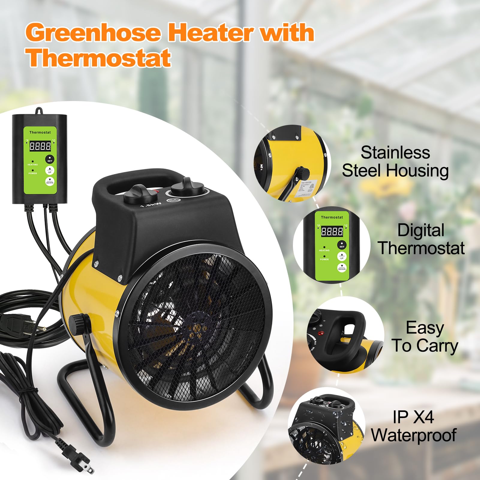 1500W Digital Thermostat Greenhouse Heater - Portable Outdoor Space Heater for Greenhouses & Grow Tents with Fast Heating & Overheat Protection (Gold) | Perfect for Winter Plant Protection & Seedling Growth