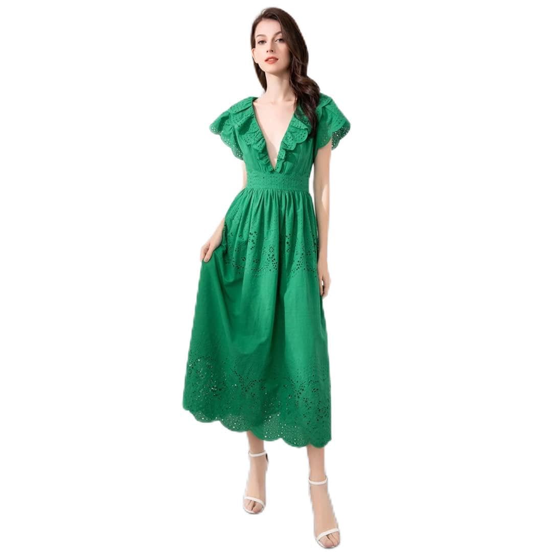 2022 Spring Summer Women's Deep V-Neck Hollow Out Sexy Long Dress - Elegant Green Designer Fashion Dress for Party, Wedding & Evening Events