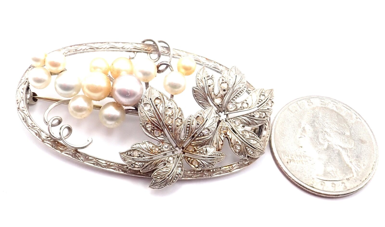 Authentic Mikimoto 14k White Gold Diamond Pearl Brooch Pin - Vintage Jewelry for Women, Elegant Gift for Brides, Anniversaries & Special Occasions
