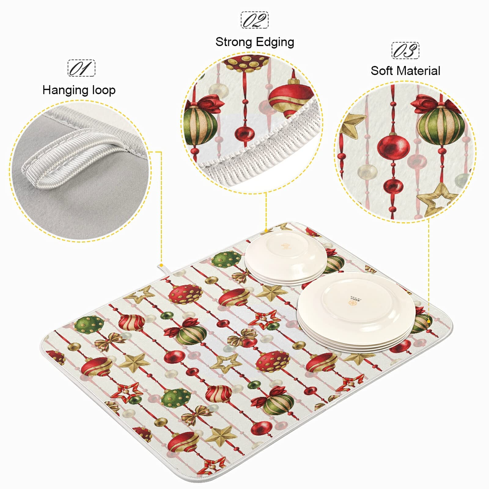 Christmas Dish Drying Mat 16x18 Inch - Absorbent Kitchen Decor for Countertops & Baby Bottles