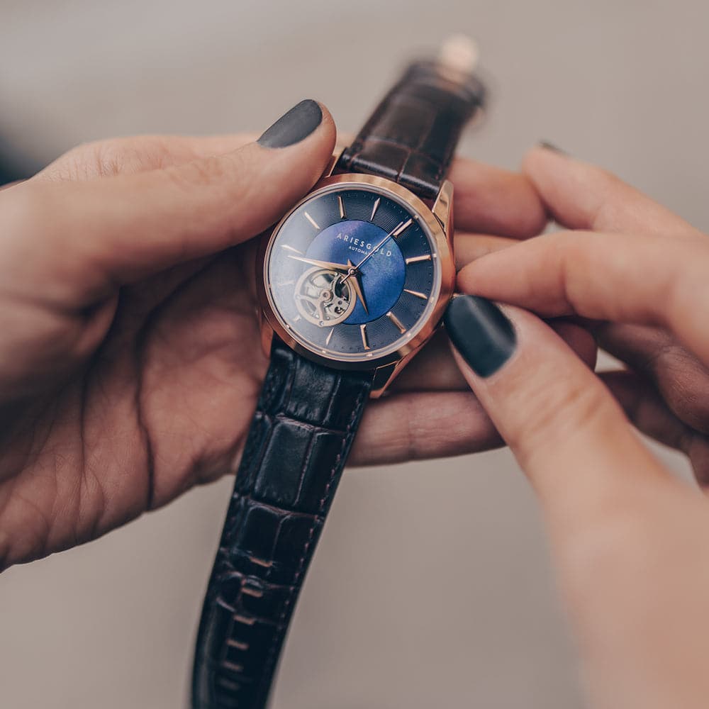 Aries Gold Blue Dial Women's Watch with Brown Leather Strap - L 9023 RG BU - Elegant Timepiece for Office, Party & Everyday Wear