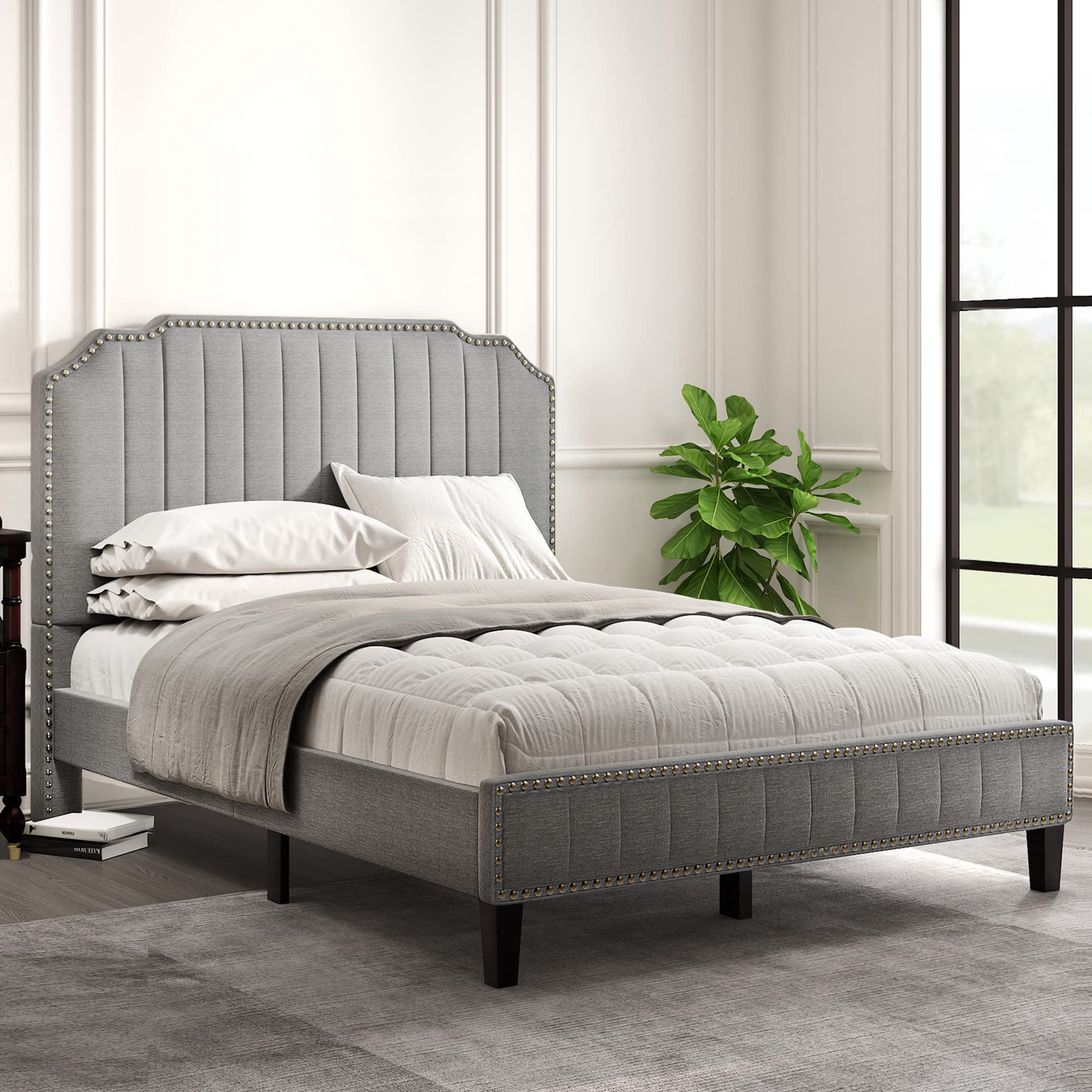 P PURLOVE Full Size Platform Bed Frame with Extra Support Legs - Wooden Slat Base, Nailhead Trim & Linen Upholstered Headboard - Modern Curved Design, No Box Spring Needed (Gray) - Perfect for Master Bedrooms, Guest Rooms & Small Apartments