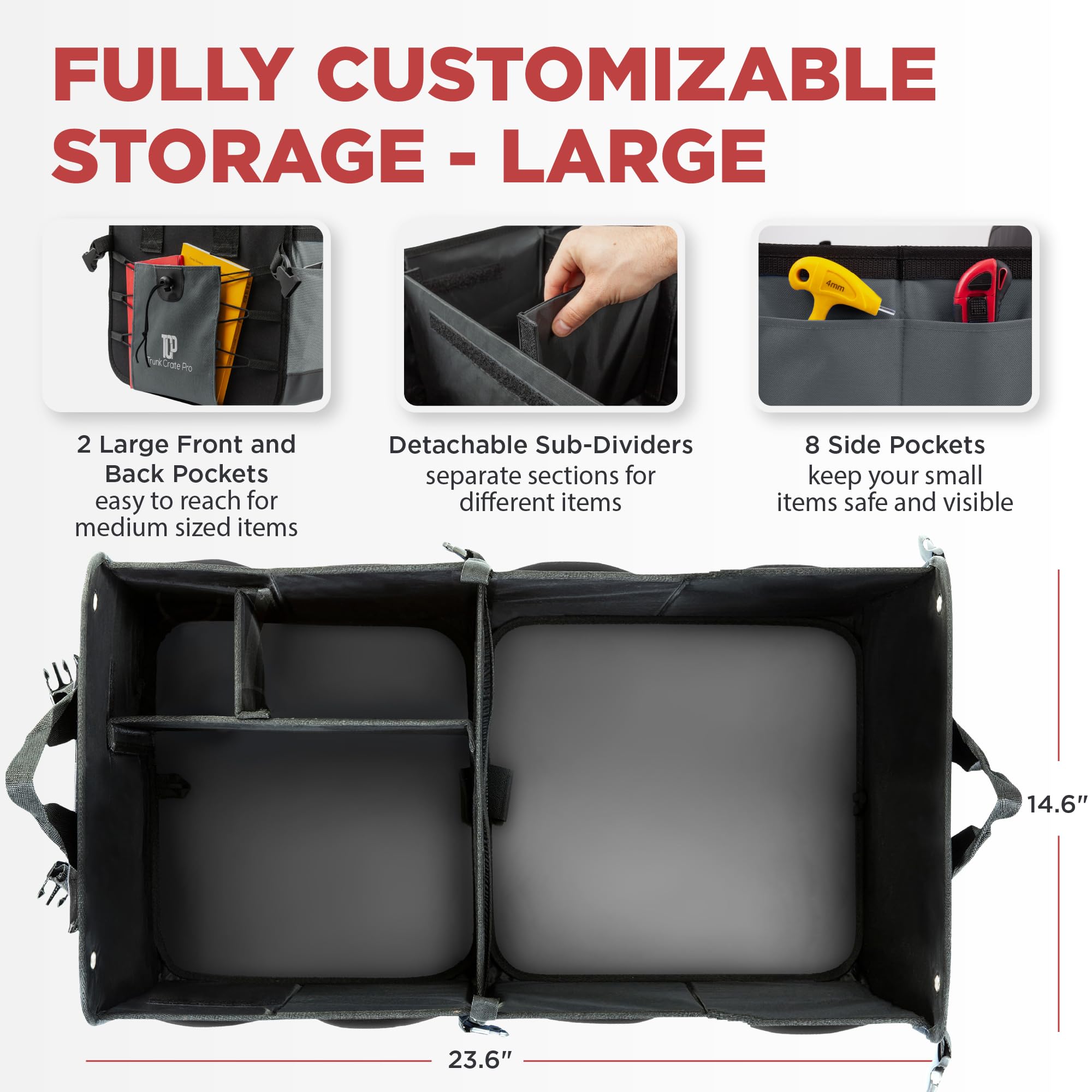 TRUNKCRATEPRO Large Capacity Car Storage Organizer - Premium Adjustable Compartments for SUV, Truck & Car | Collapsible Gray Trunk Organizer | Perfect for Road Trips, Groceries & Sports Gear Storage