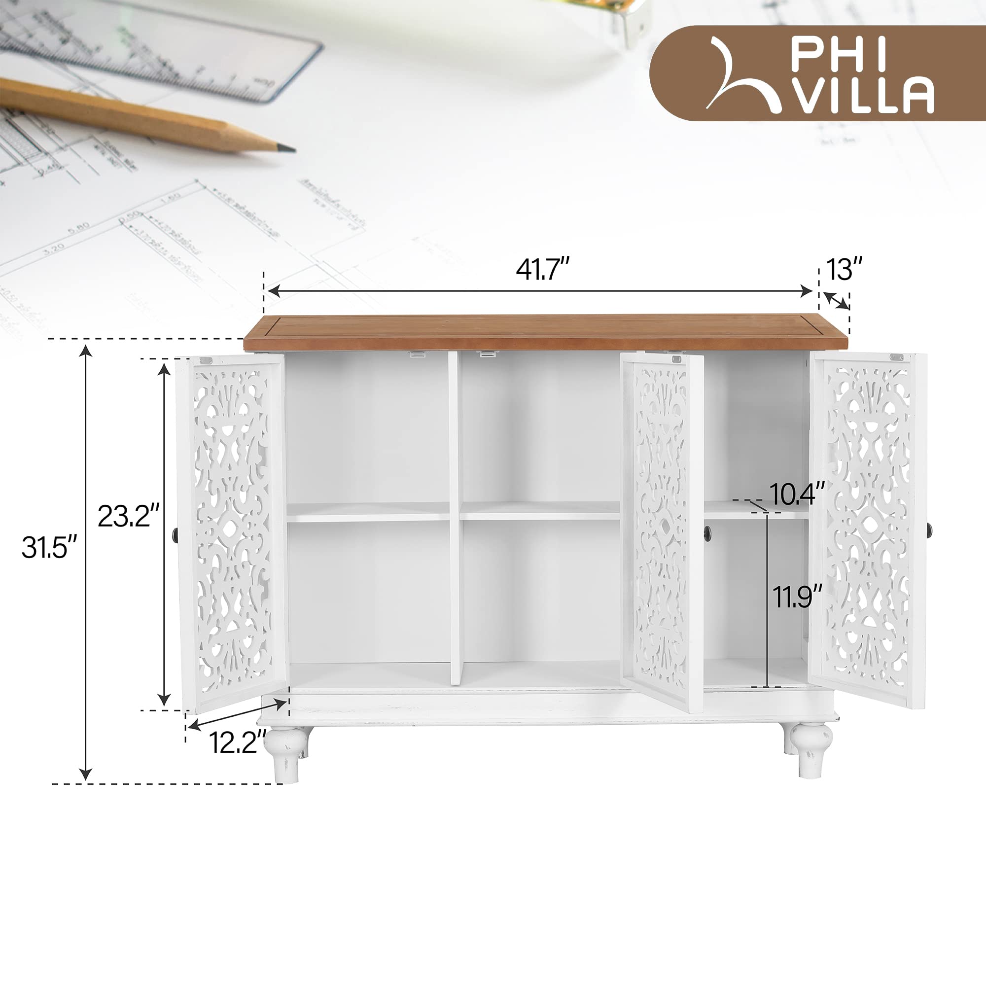 PHI VILLA White Farmhouse Accent Cabinet with Doors - Rustic Credenza Sideboard Buffet Storage Cabinet for Living Room, Dining Room & Entryway - Perfect for Home Decor & Organization