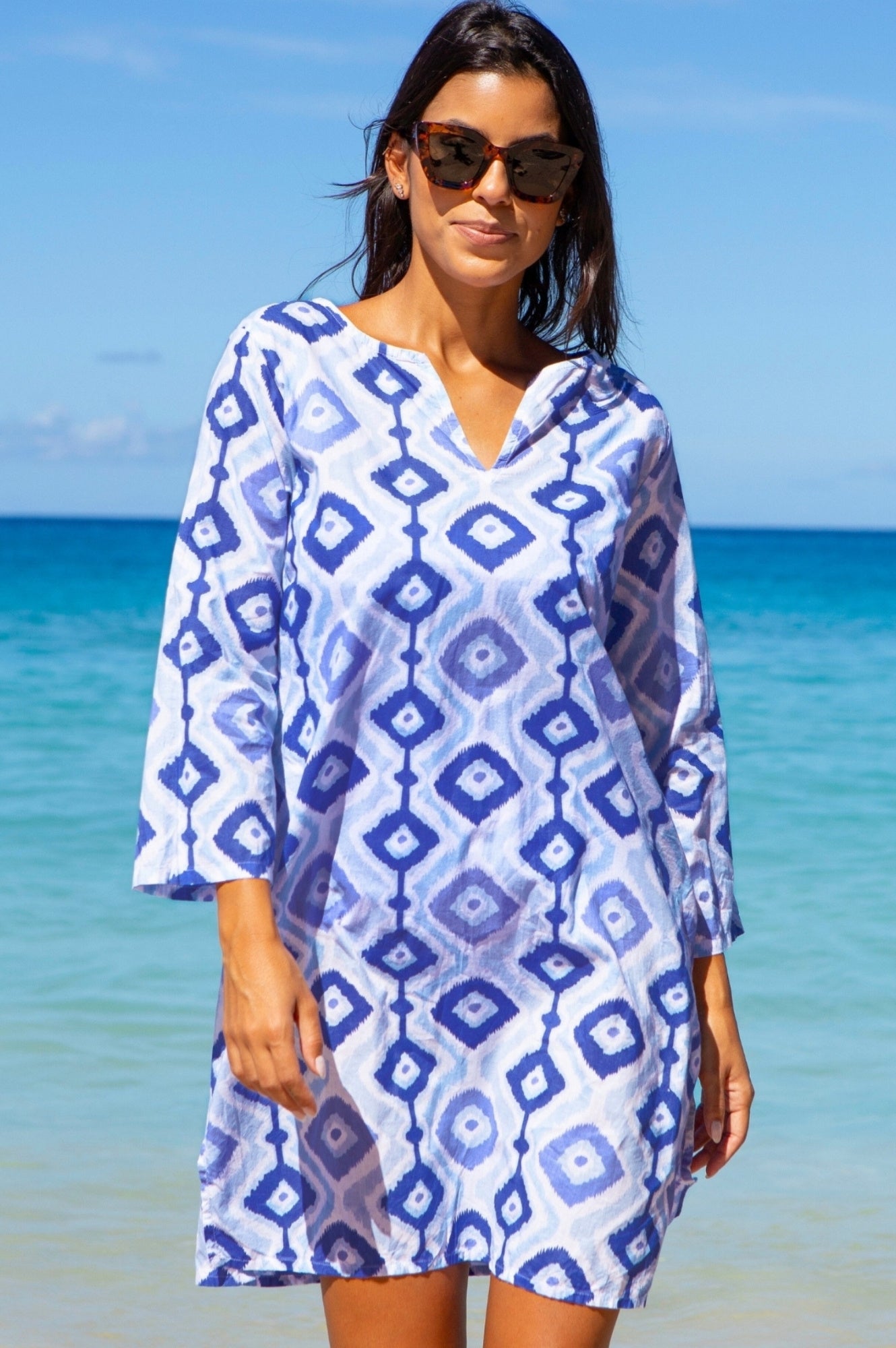 Guadalupe Organic Cotton Short Tunic Top - Diamond Ikat Blue/White Pattern - Breathable Summer Blouse for Women | Perfect for Beach, Vacation & Casual Outings
